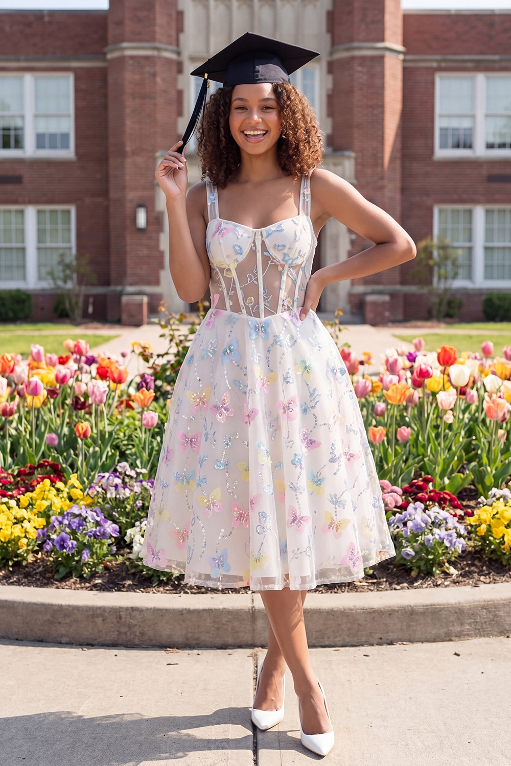 White Beaded Corset Floral Midi Thick Straps A Line Graduation Dress