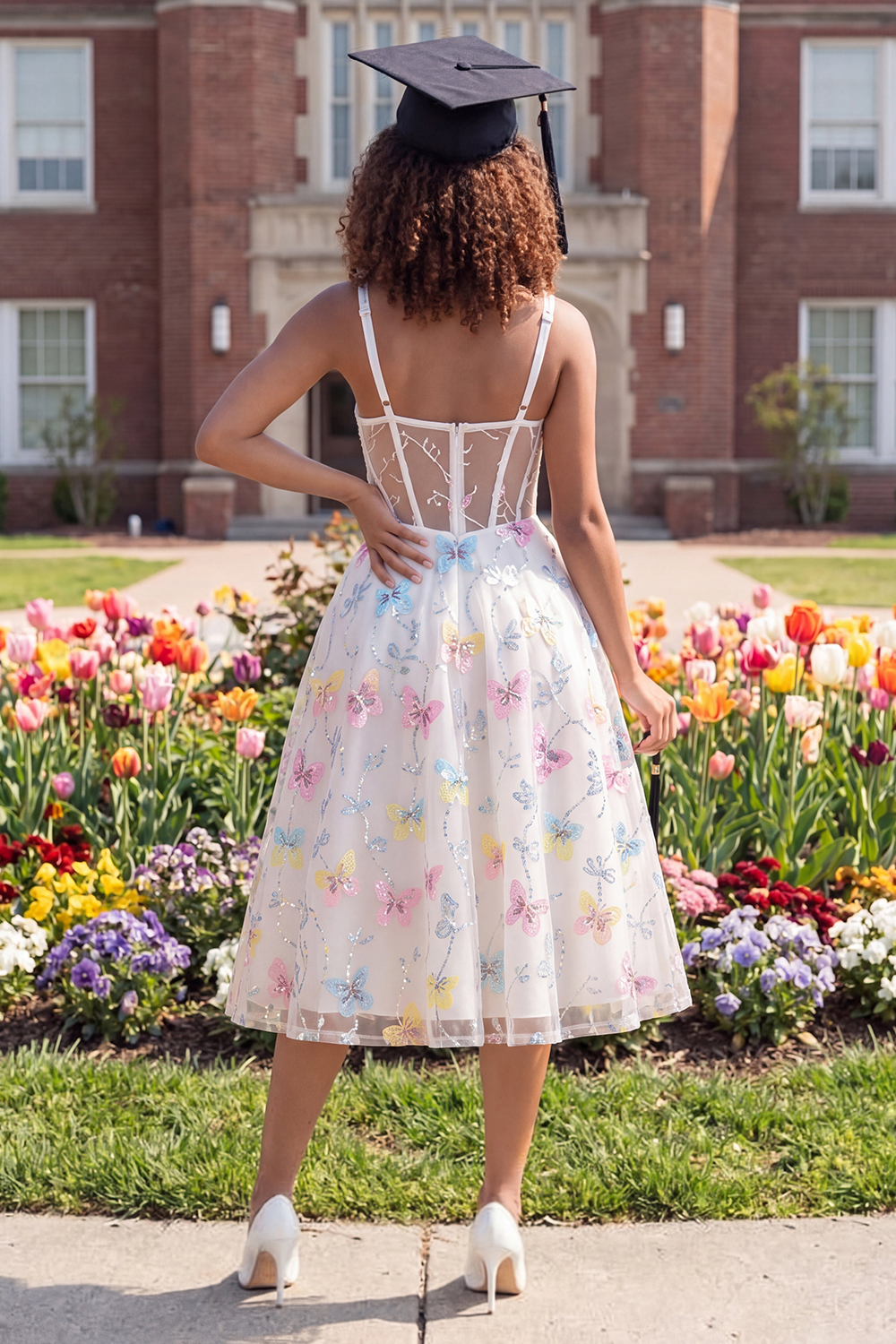 White Beaded Corset Floral Midi Thick Straps A Line Graduation Dress