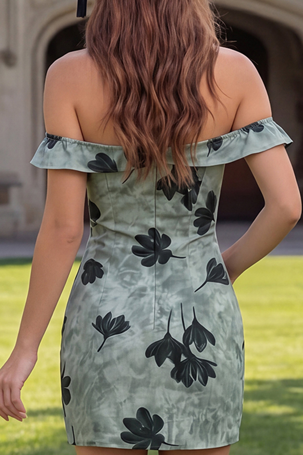 Green Tight Floral Off the Shoulder Short Graduation Dress