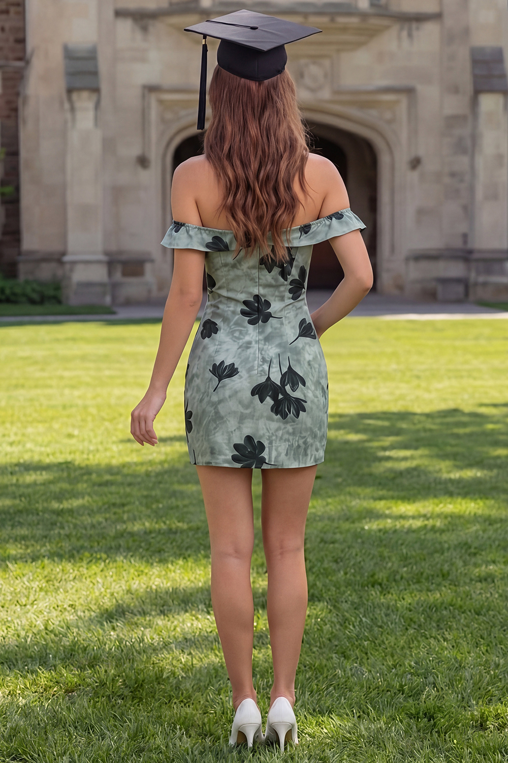 Green Tight Floral Off the Shoulder Short Graduation Dress