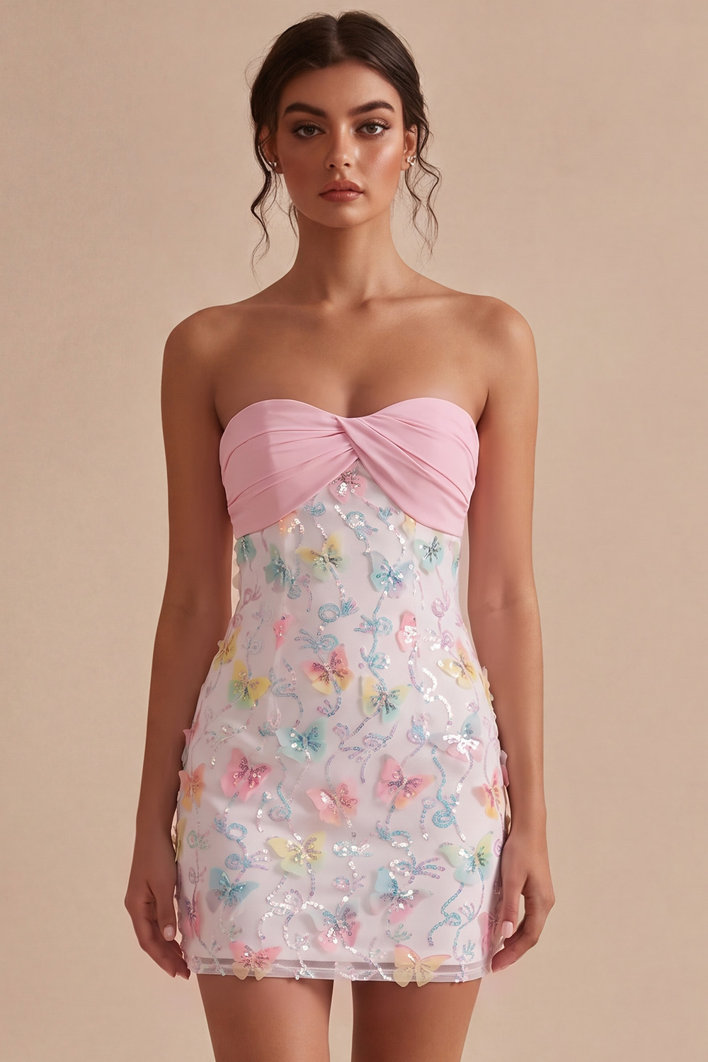Sparkly Pink and White Strapless Floral Tight Short Beaded Graduation Dress