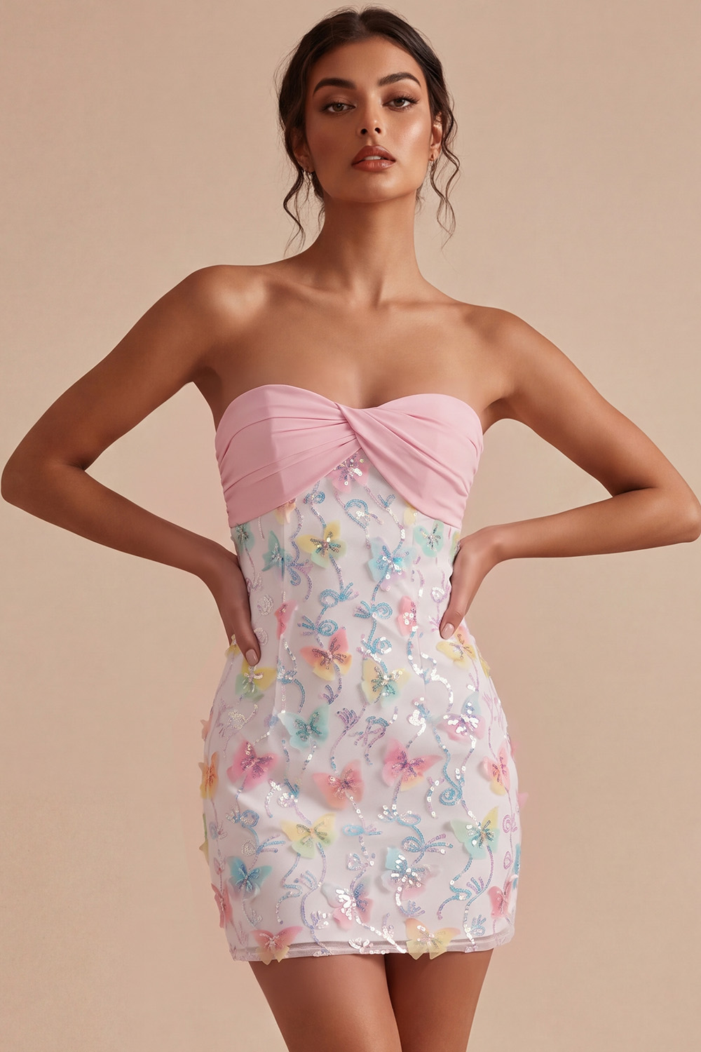 Sparkly Pink and White Strapless Floral Tight Short Beaded Graduation Dress