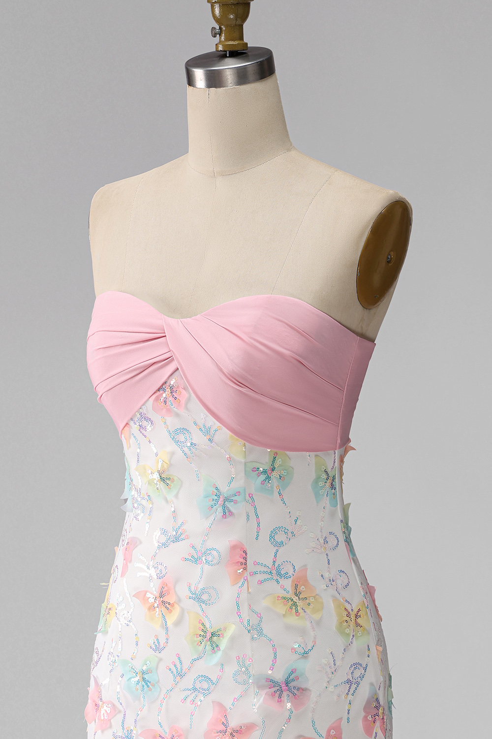 Sparkly Pink and White Strapless Floral Tight Short Beaded Graduation Dress