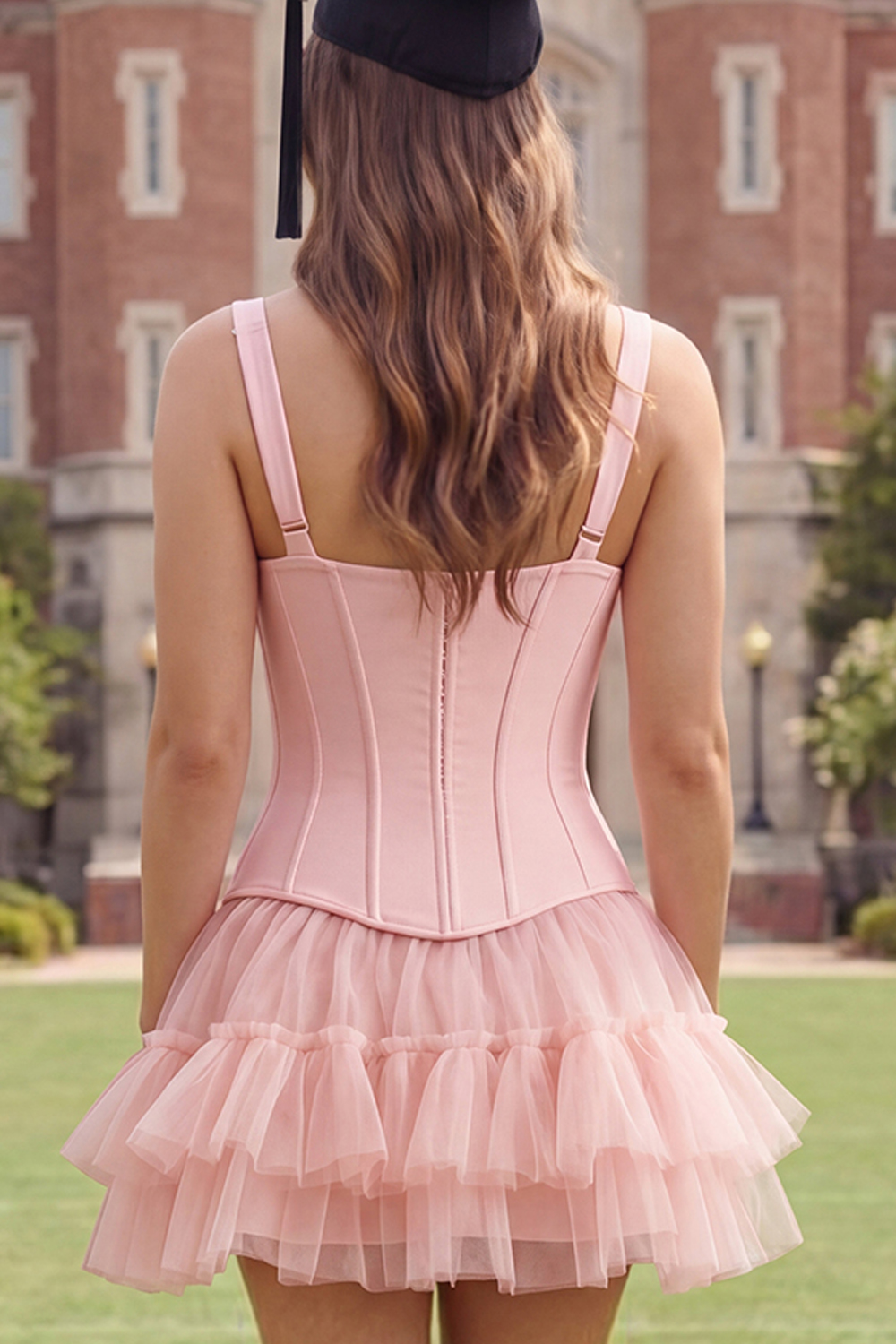 Pink A Line Corset Thick Straps Short Graduation Dress with Ruffles