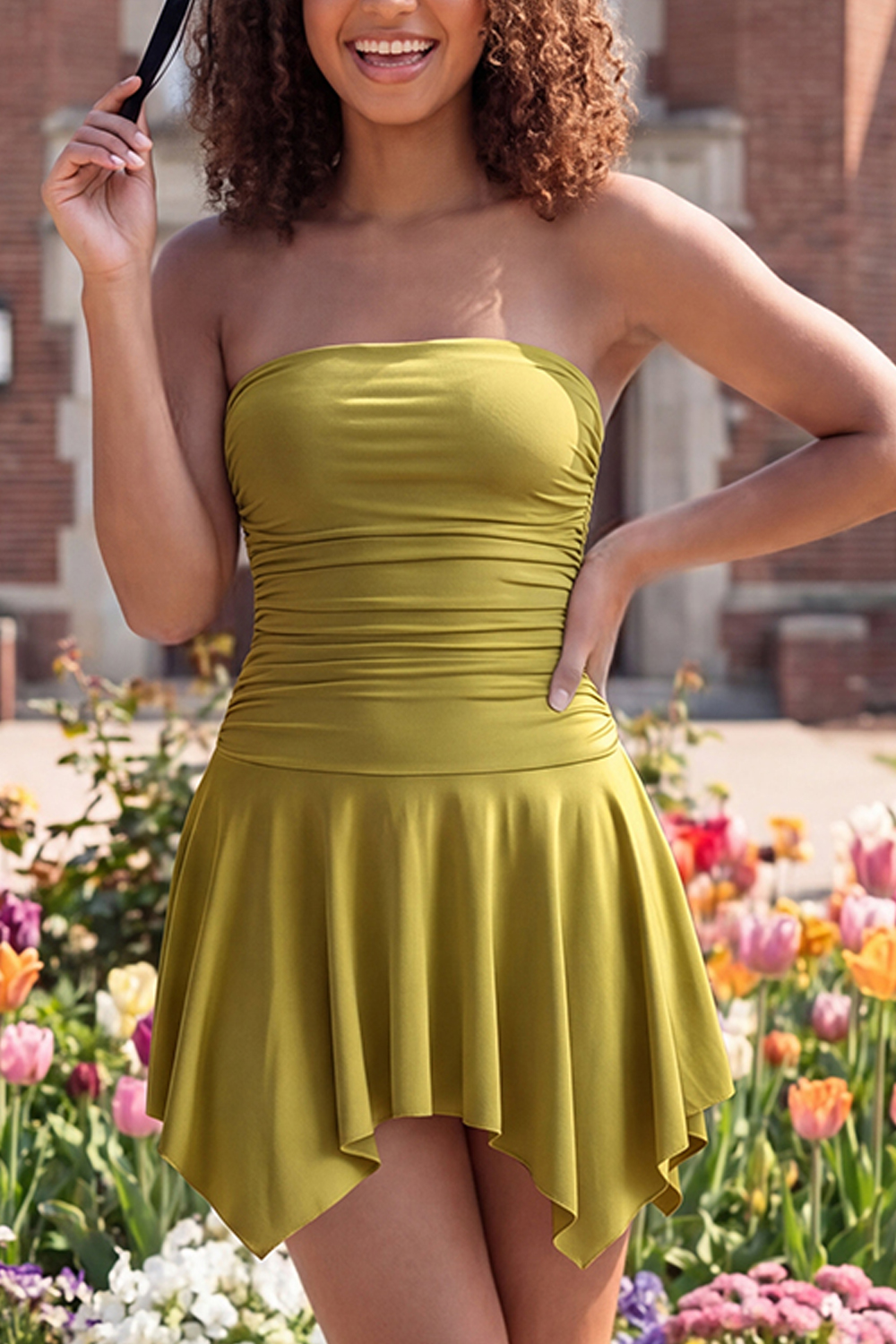 Olive Strapless Ruched A Line Asymmetrical Graduation Dress