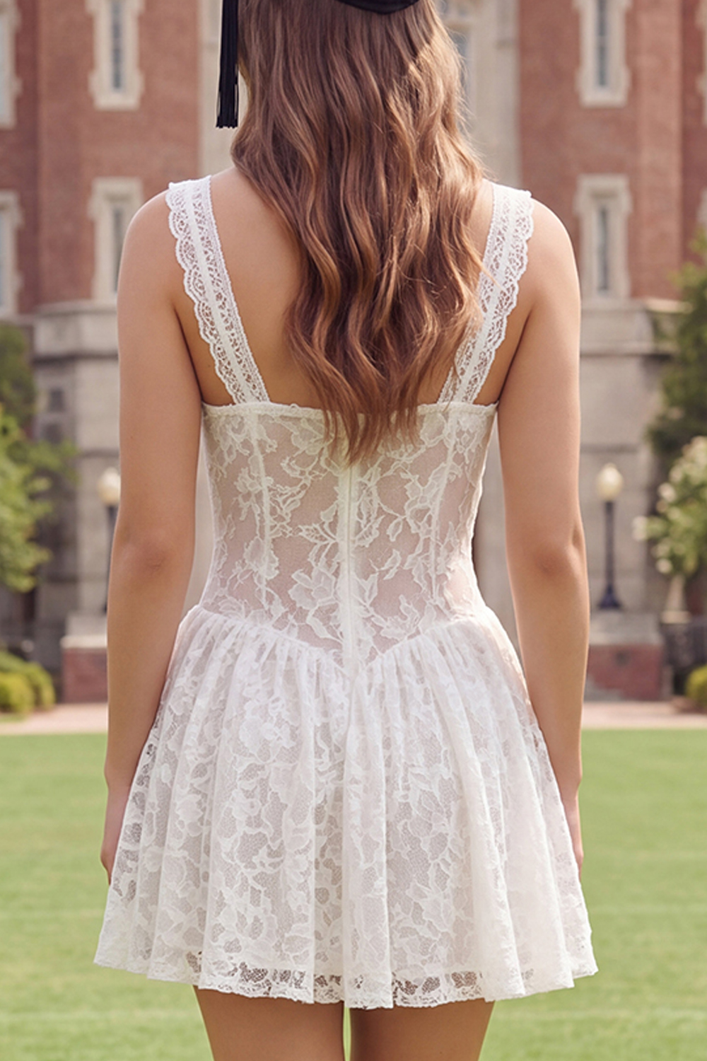 Floral White Thick Straps Short A Line Lace Graduation Dress