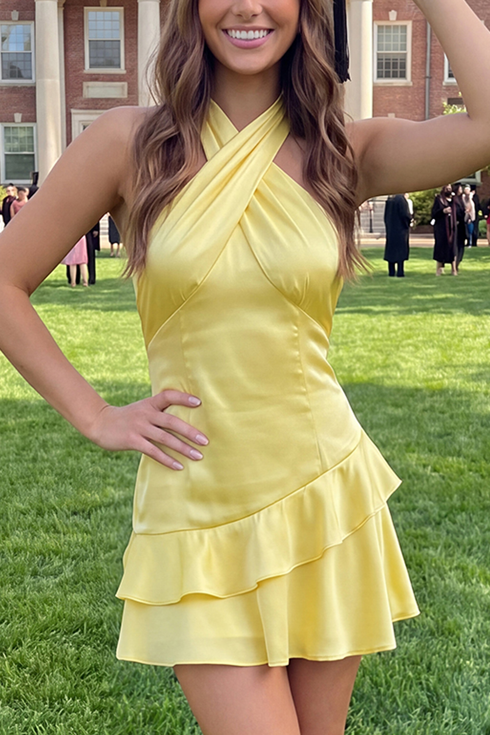 A Line Short Daffodil Halter Backless Ruffled Graduation Dress