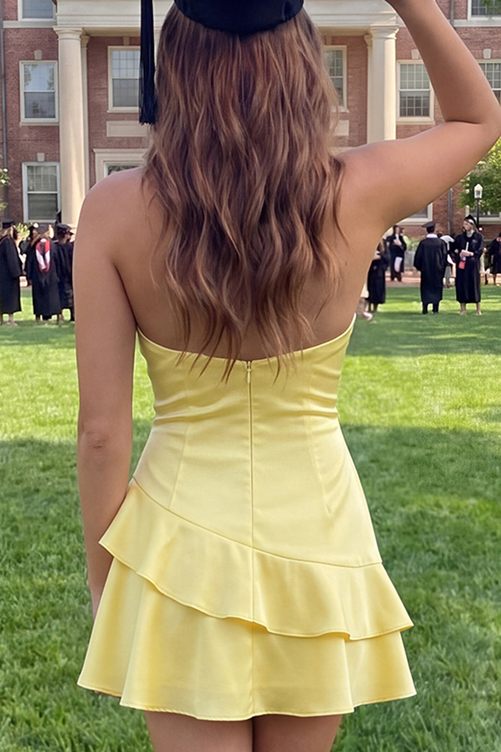 A Line Short Daffodil Halter Backless Ruffled Graduation Dress