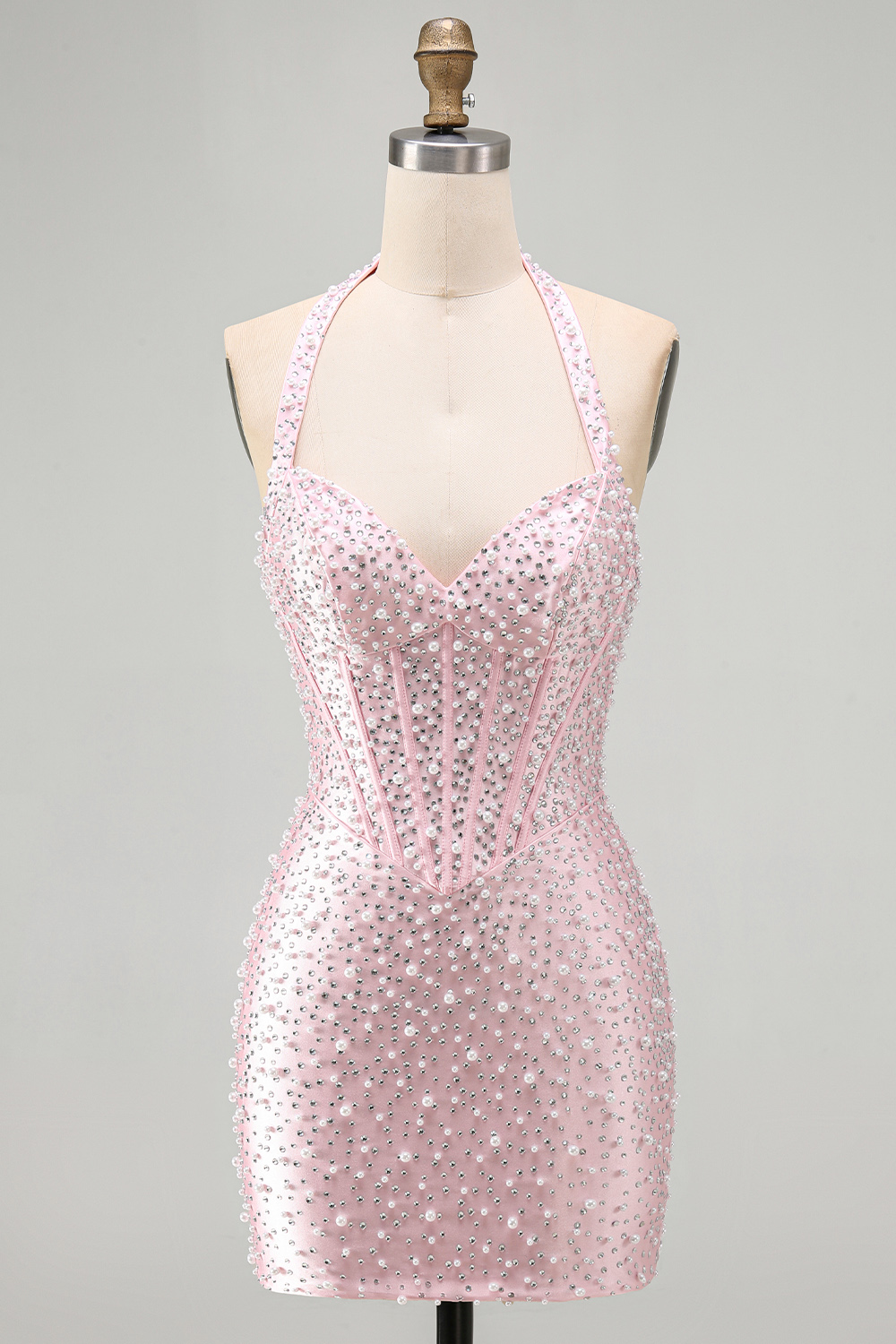 Sparkly Purple Halter Tight Short Corset Homecoming Dress with Pearls