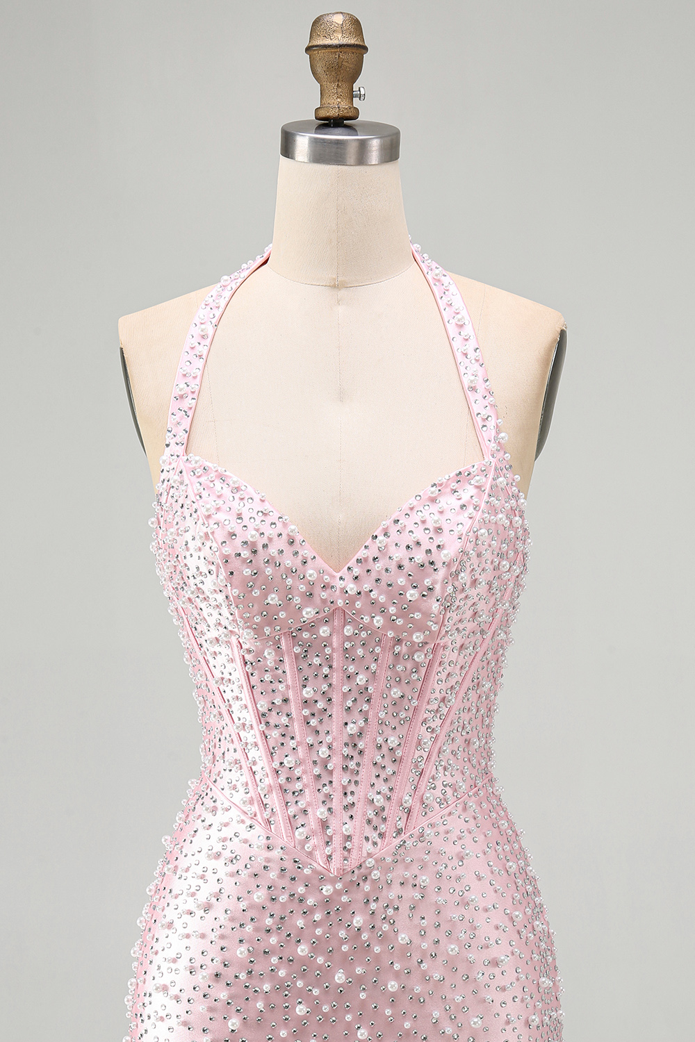 Sparkly Purple Halter Tight Short Corset Homecoming Dress with Pearls