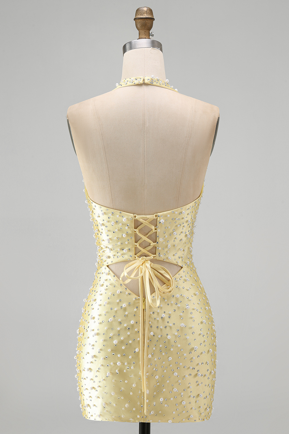 Sparkly Yellow Halter Keyhole Tight Short Birthday Dress with Pearls