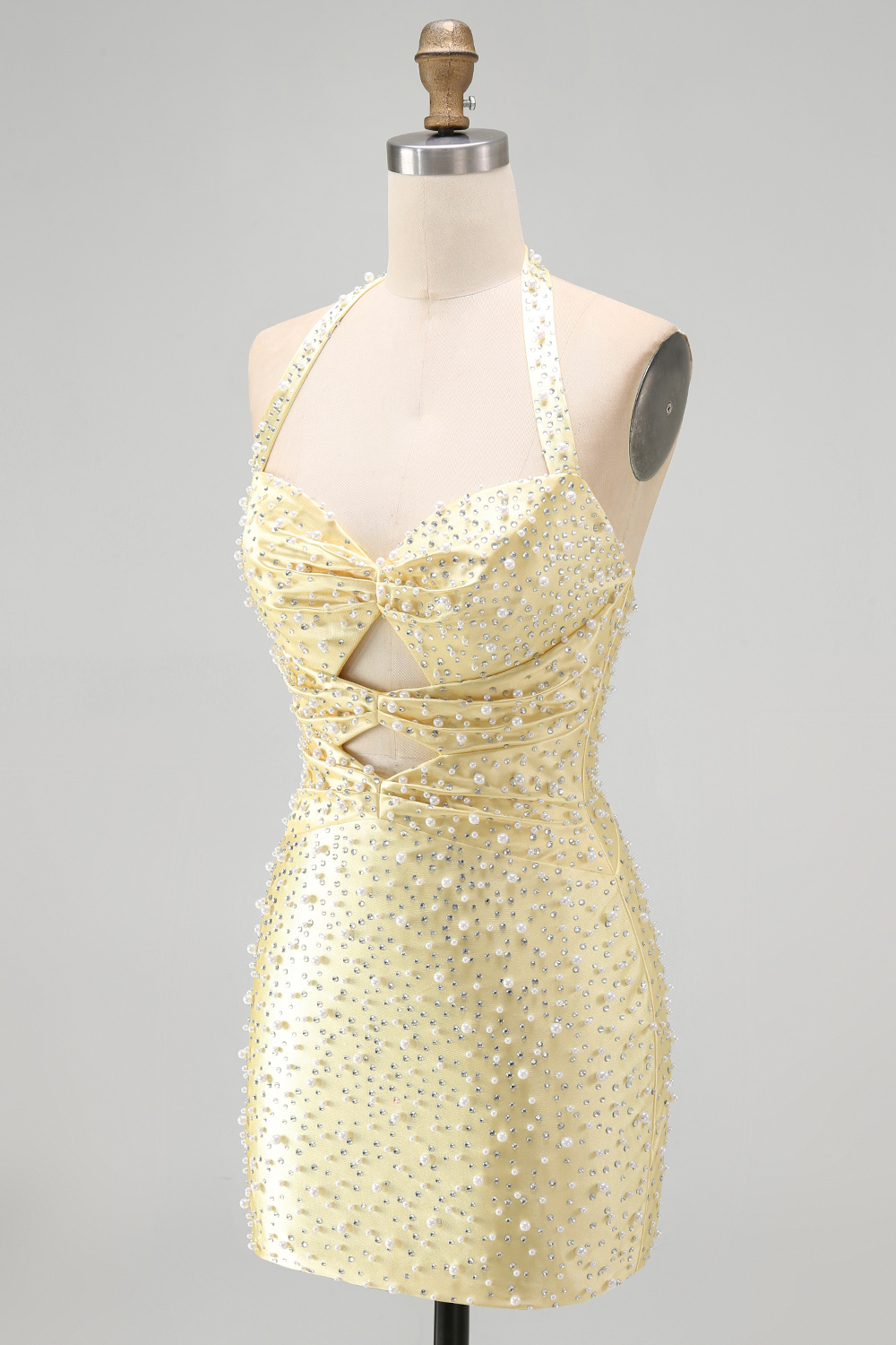 Sparkly Yellow Halter Keyhole Tight Short Birthday Dress with Pearls