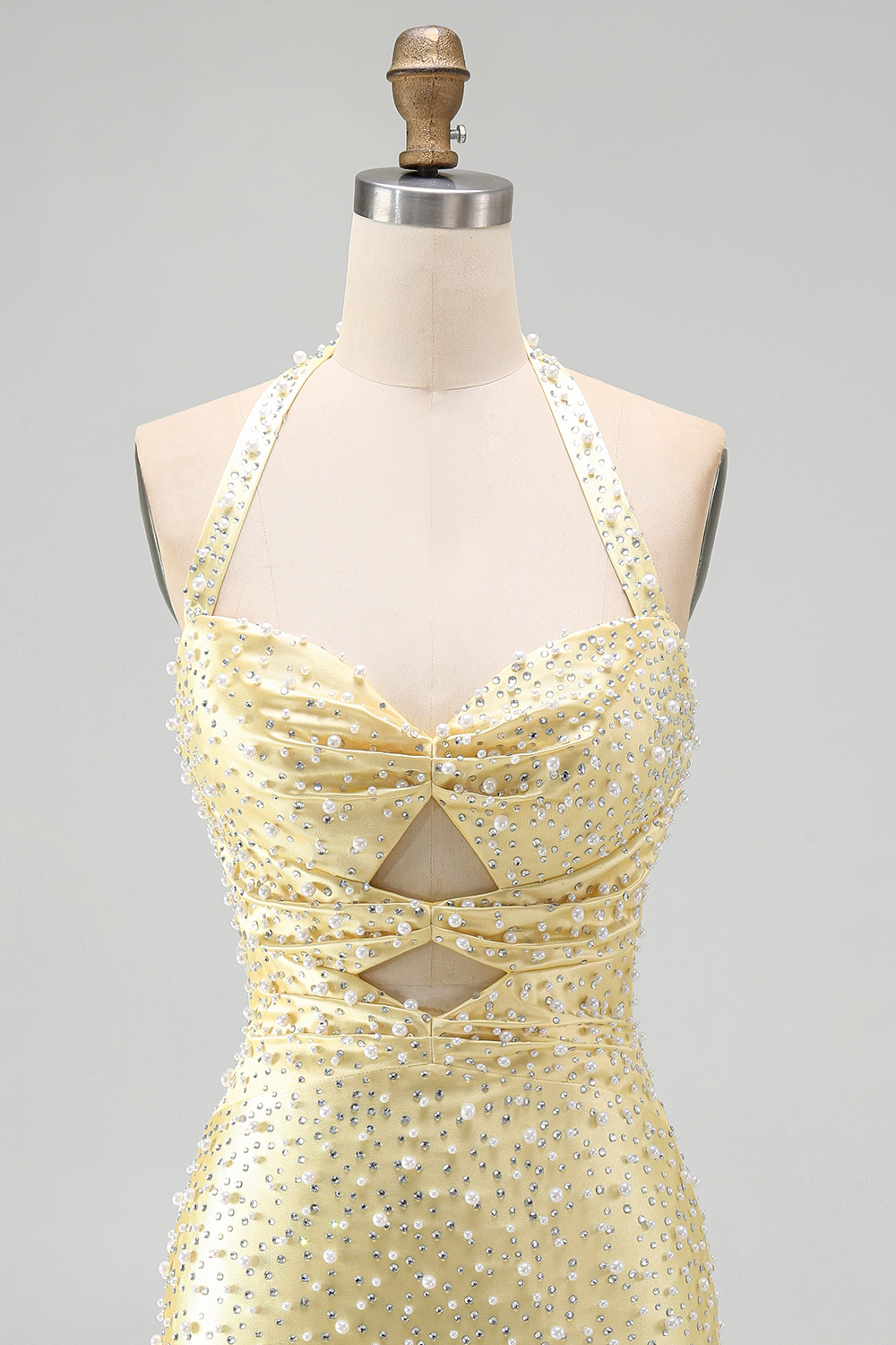 Sparkly Yellow Halter Keyhole Tight Short Birthday Dress with Pearls