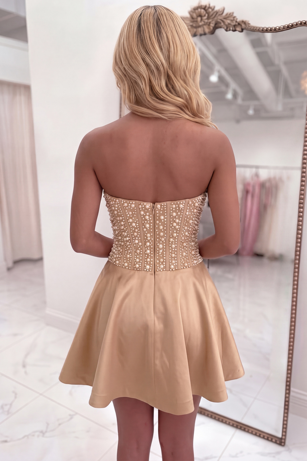 Strapless Corset A Line Sparkly Yellow Short Homecoming Dress with Pearls