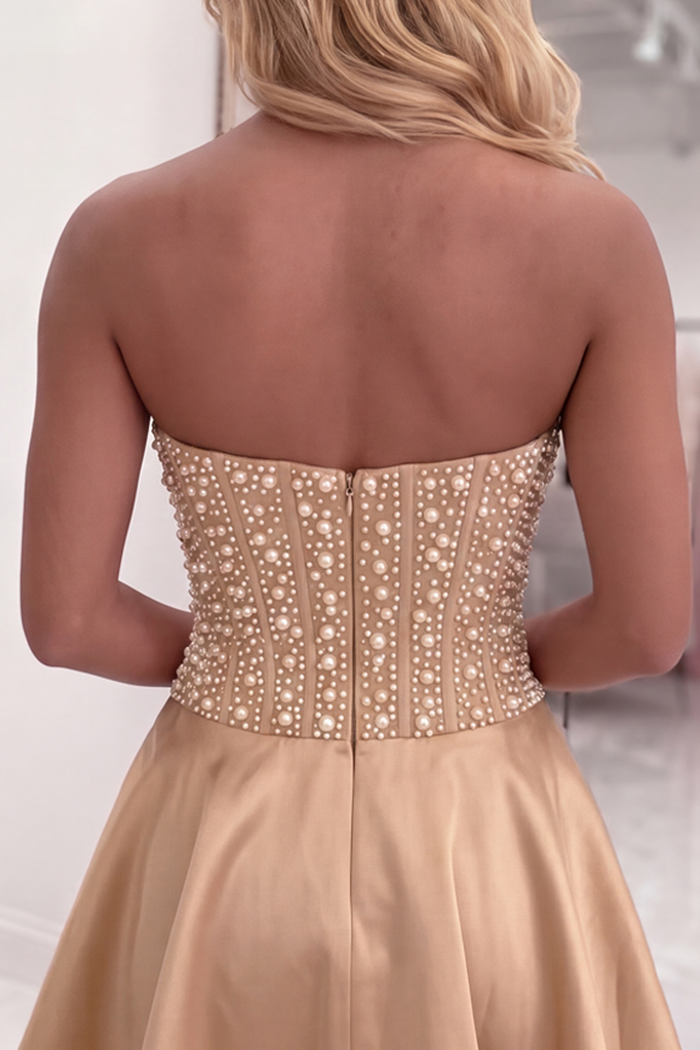 Strapless Corset A Line Sparkly Yellow Short Homecoming Dress with Pearls