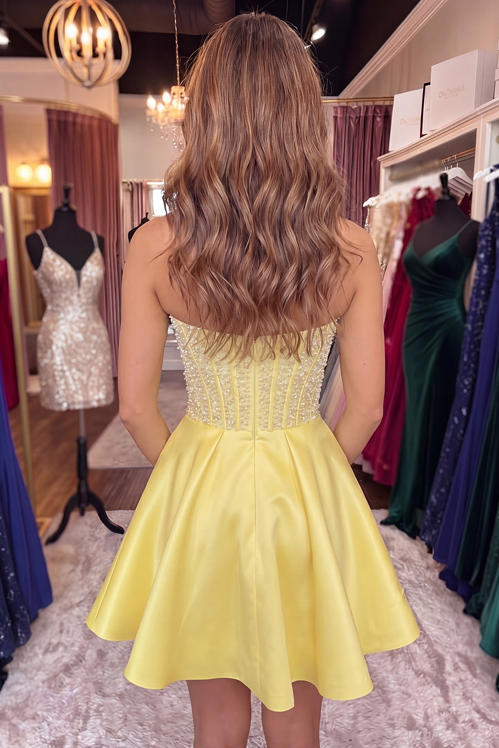 Strapless Corset A Line Sparkly Yellow Short Homecoming Dress with Pearls