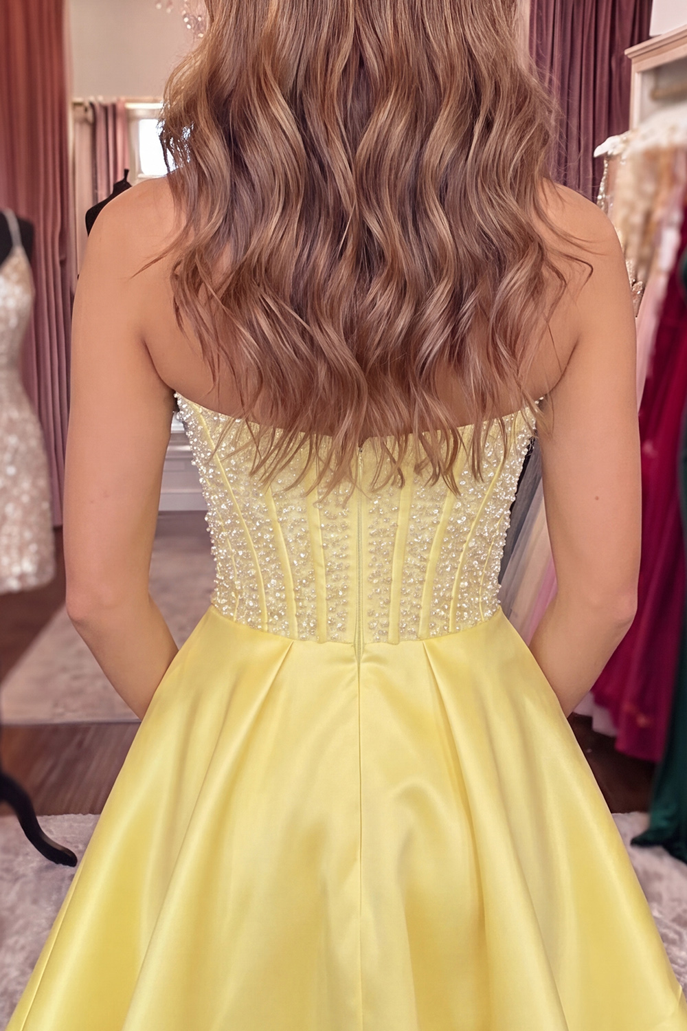 Strapless Corset A Line Sparkly Yellow Short Homecoming Dress with Pearls
