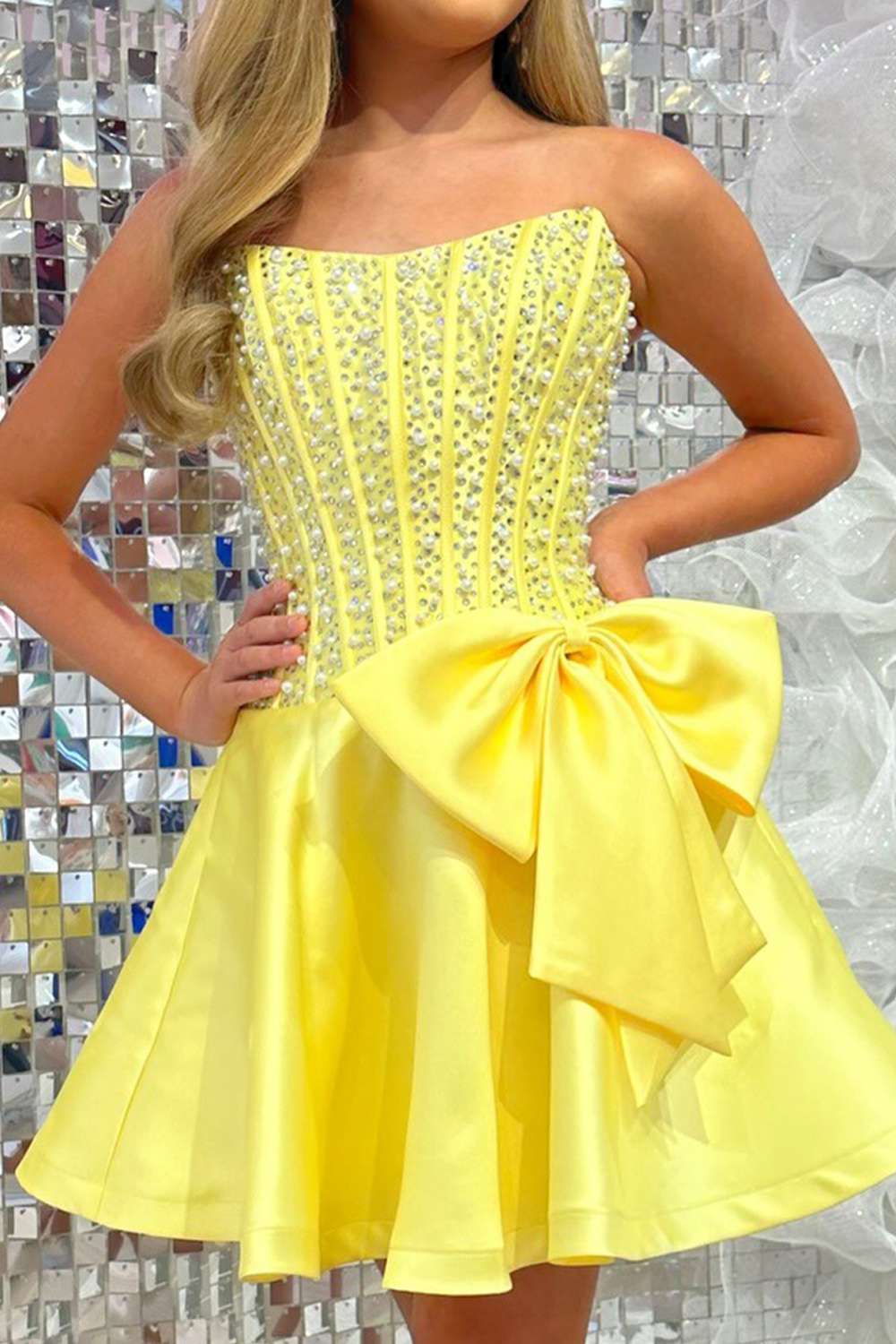 Strapless Corset A Line Sparkly Yellow Short Homecoming Dress with Pearls