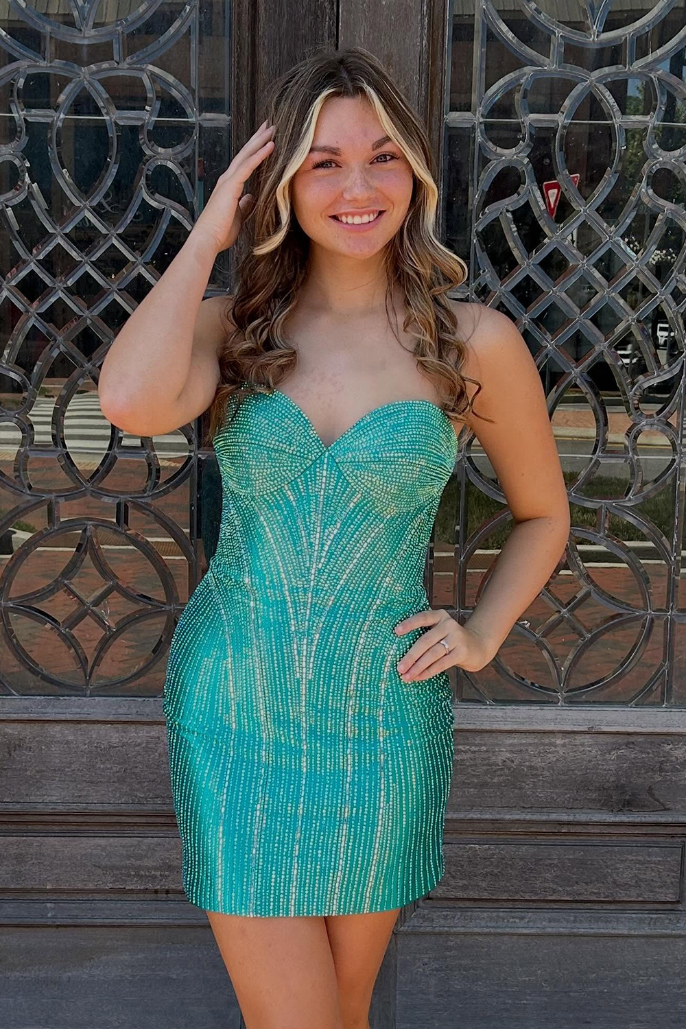 Sparkly Blue Tight Short Corset Beaded Strapless Homecoming Dress