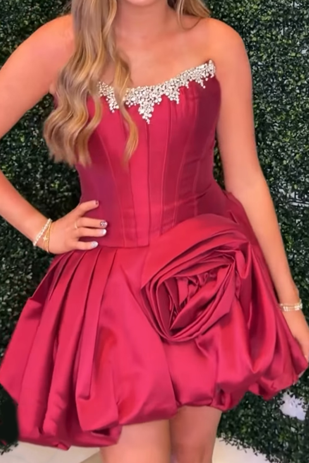 Sparkly Pink Short A Line Strapless Corset Beaded Birthday Dress with 3D Flower