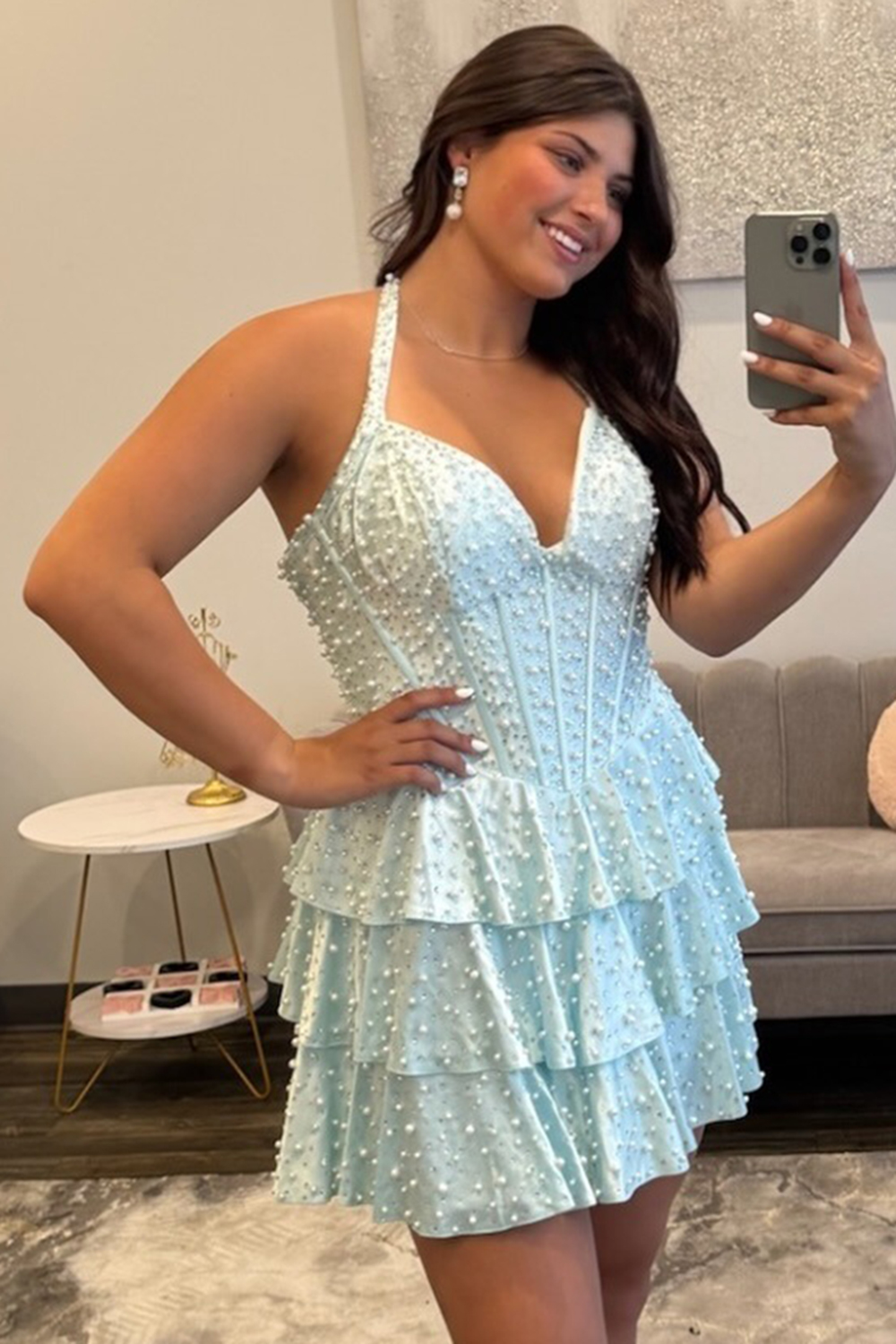 Corset A Line Sparkly Pink Ruffled Halter Strapless Homecoming Dress with Pearls