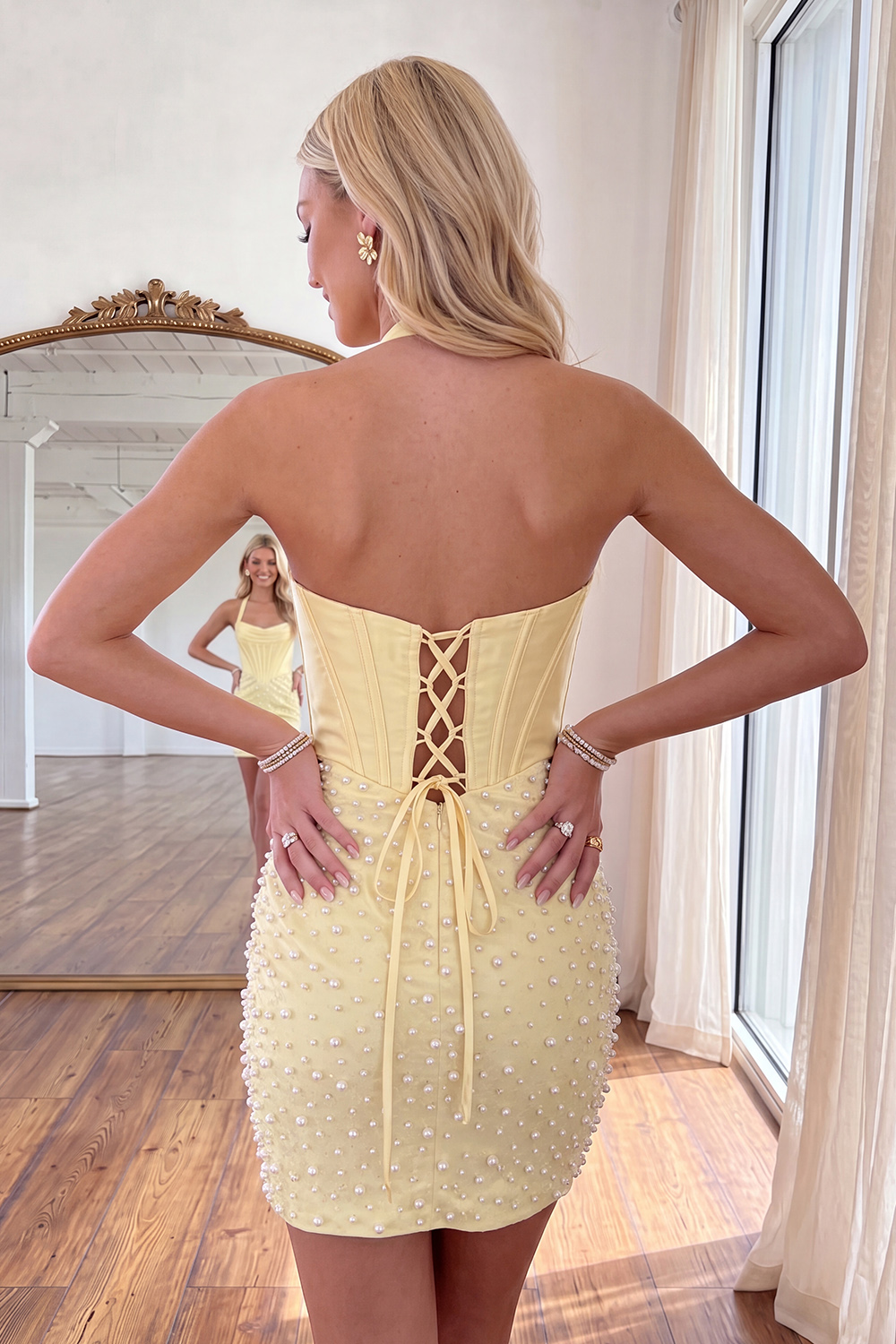 Sparkly Yellow Corset Tight Short Halter Beaded Homecoming Dress