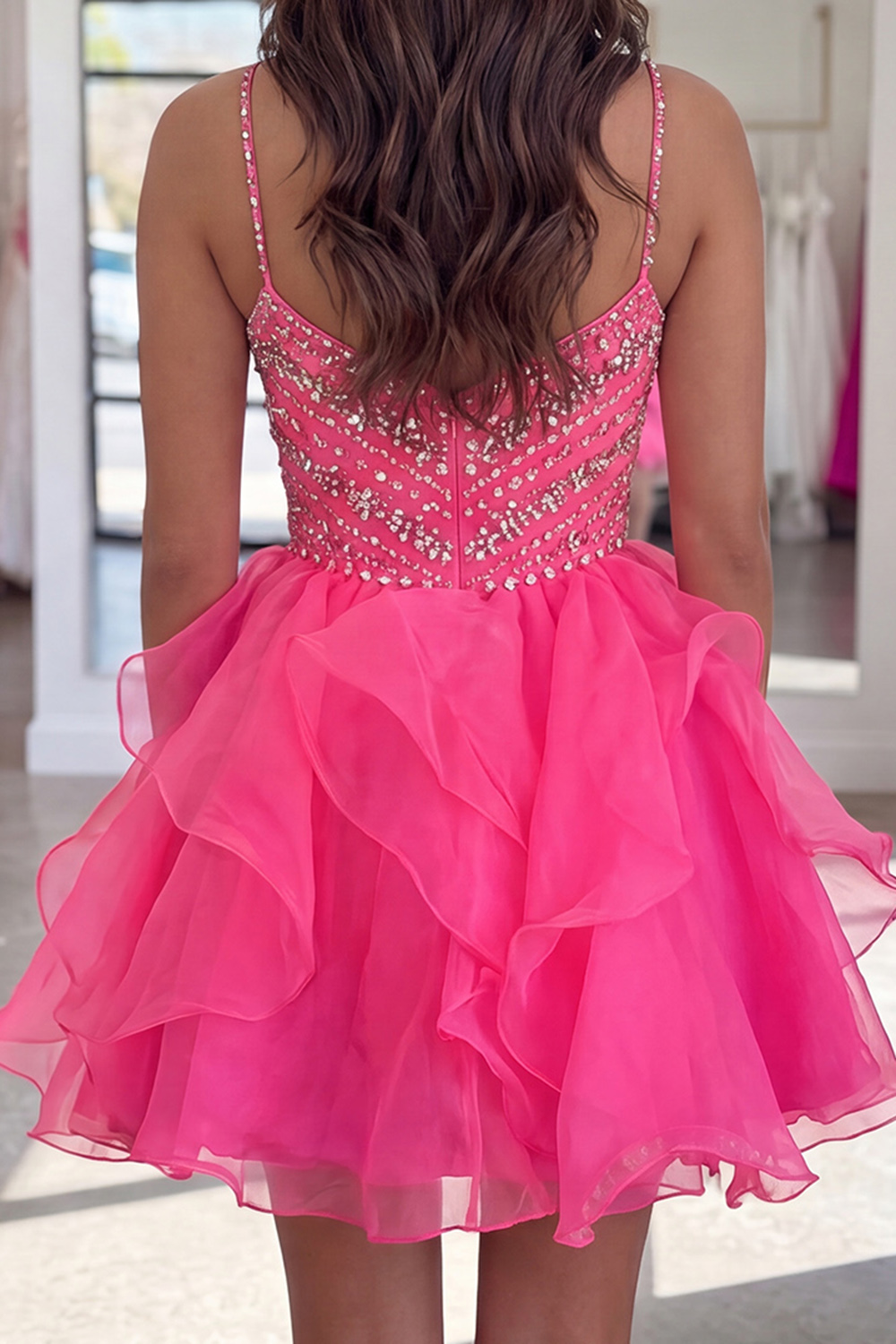 Sparkly Hot Pink Spaghetti Straps Short Homecoming Dress with Ruffles