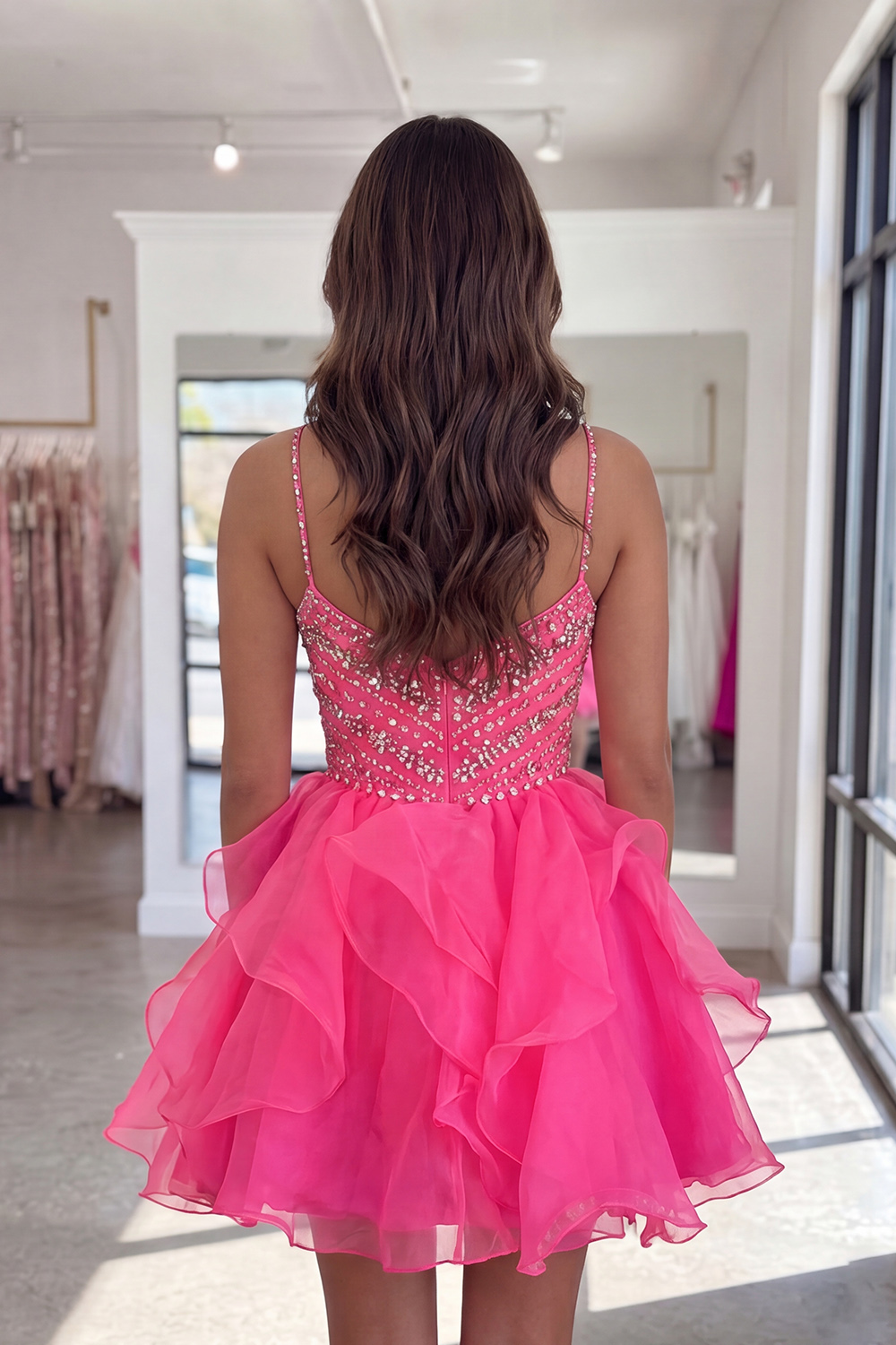 Sparkly Hot Pink Spaghetti Straps Short Homecoming Dress with Ruffles