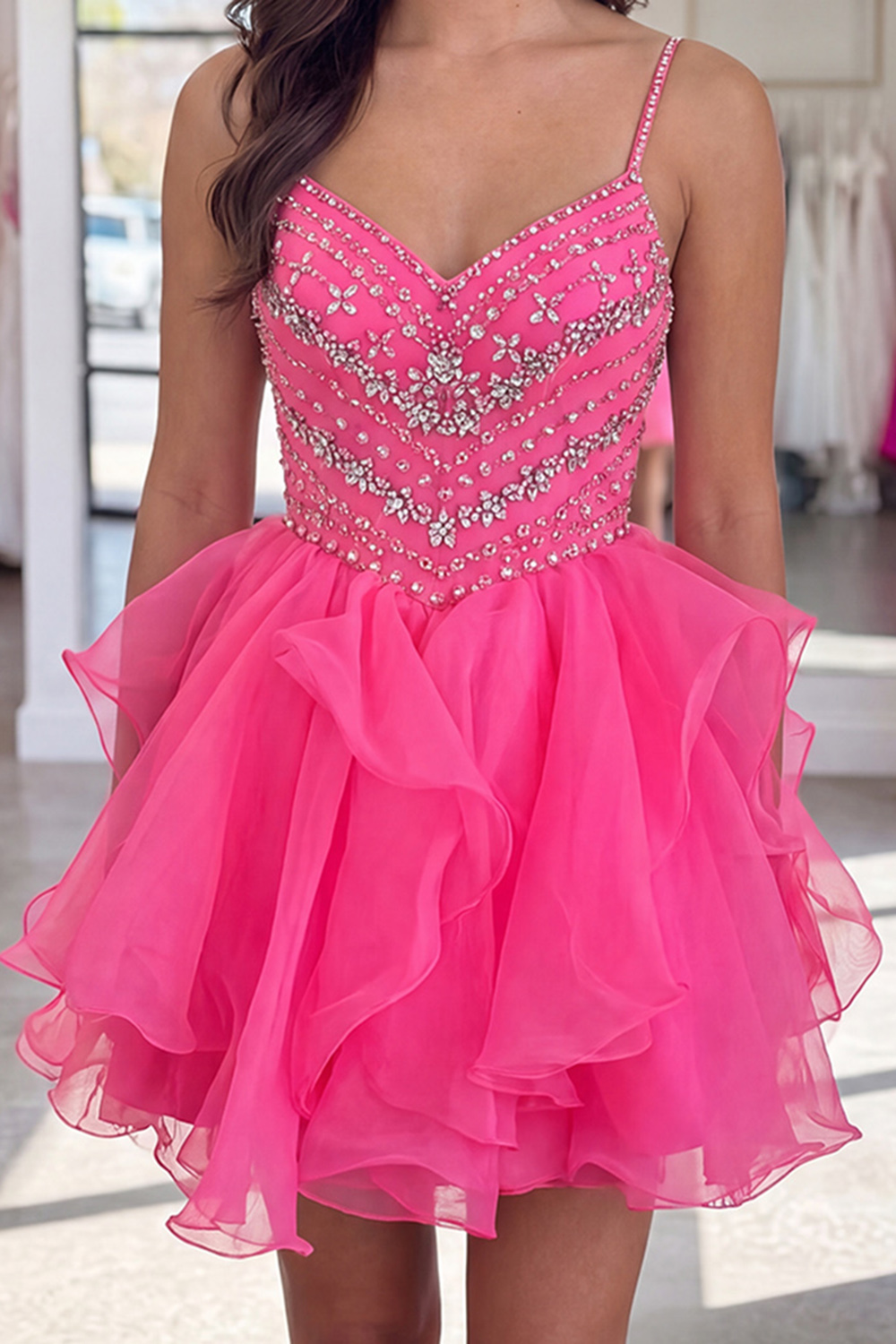 Sparkly Hot Pink Spaghetti Straps Short Homecoming Dress with Ruffles