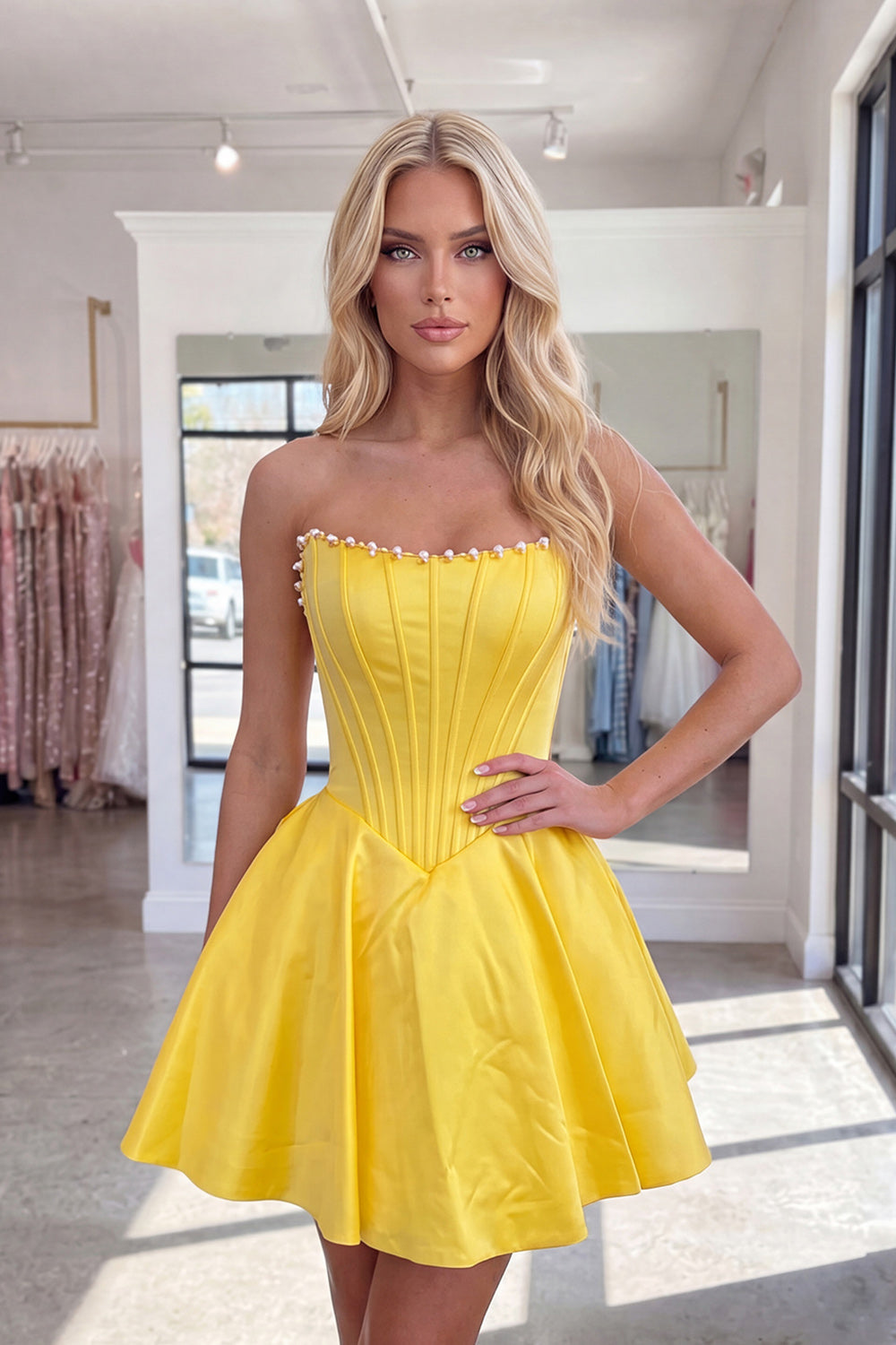 Butter Yellow Strapless A Line Short  Corset Homecoming Dress with Pearls