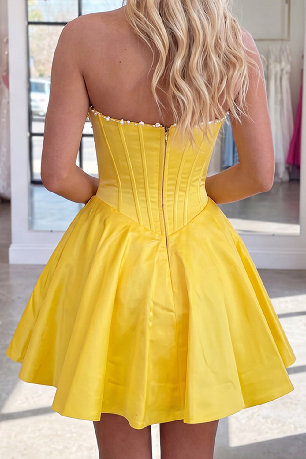 Butter Yellow Strapless A Line Short  Corset Homecoming Dress with Pearls