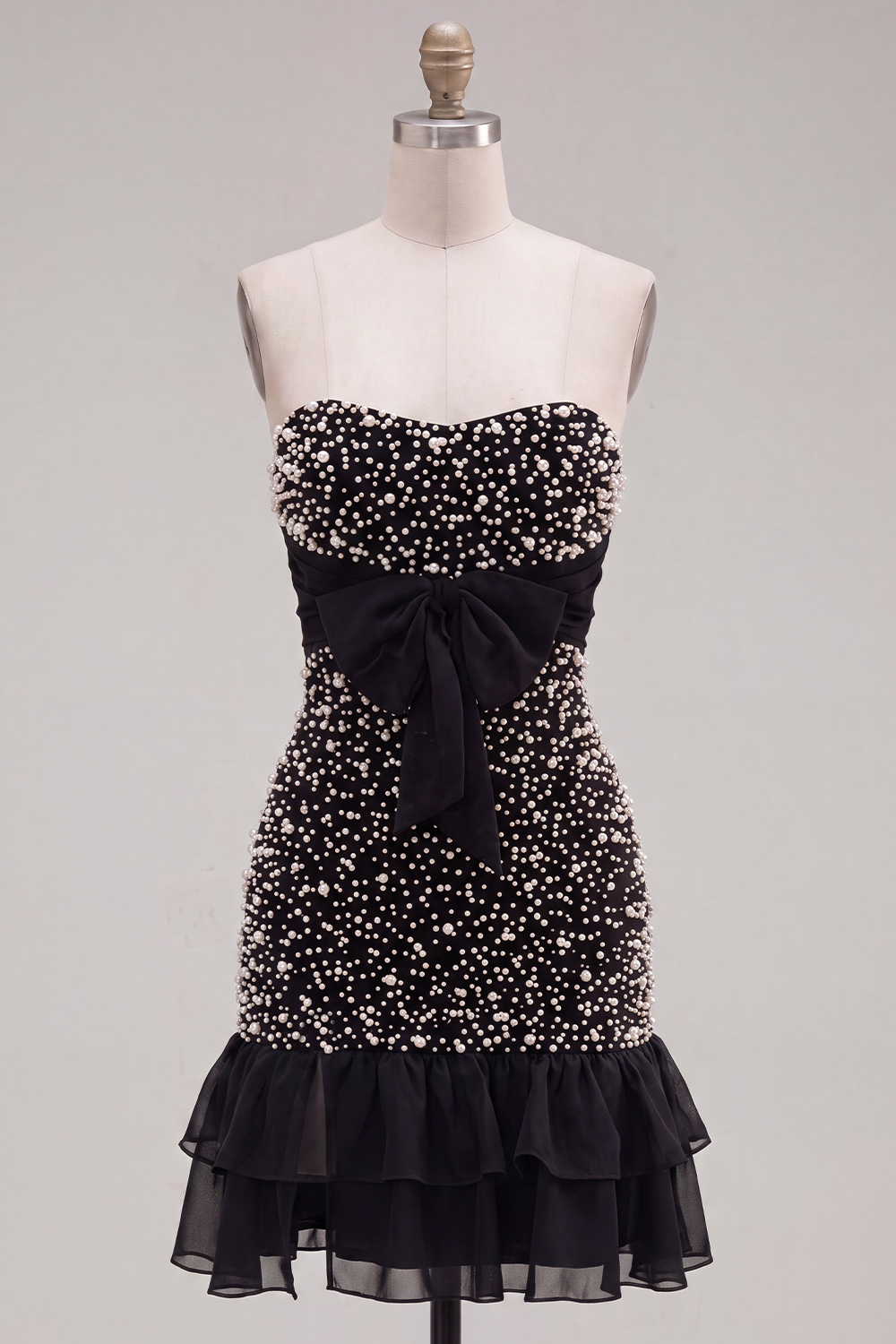 Sparkly Black Ruffled Beaded Tight Short Homecoming Dress with Bow