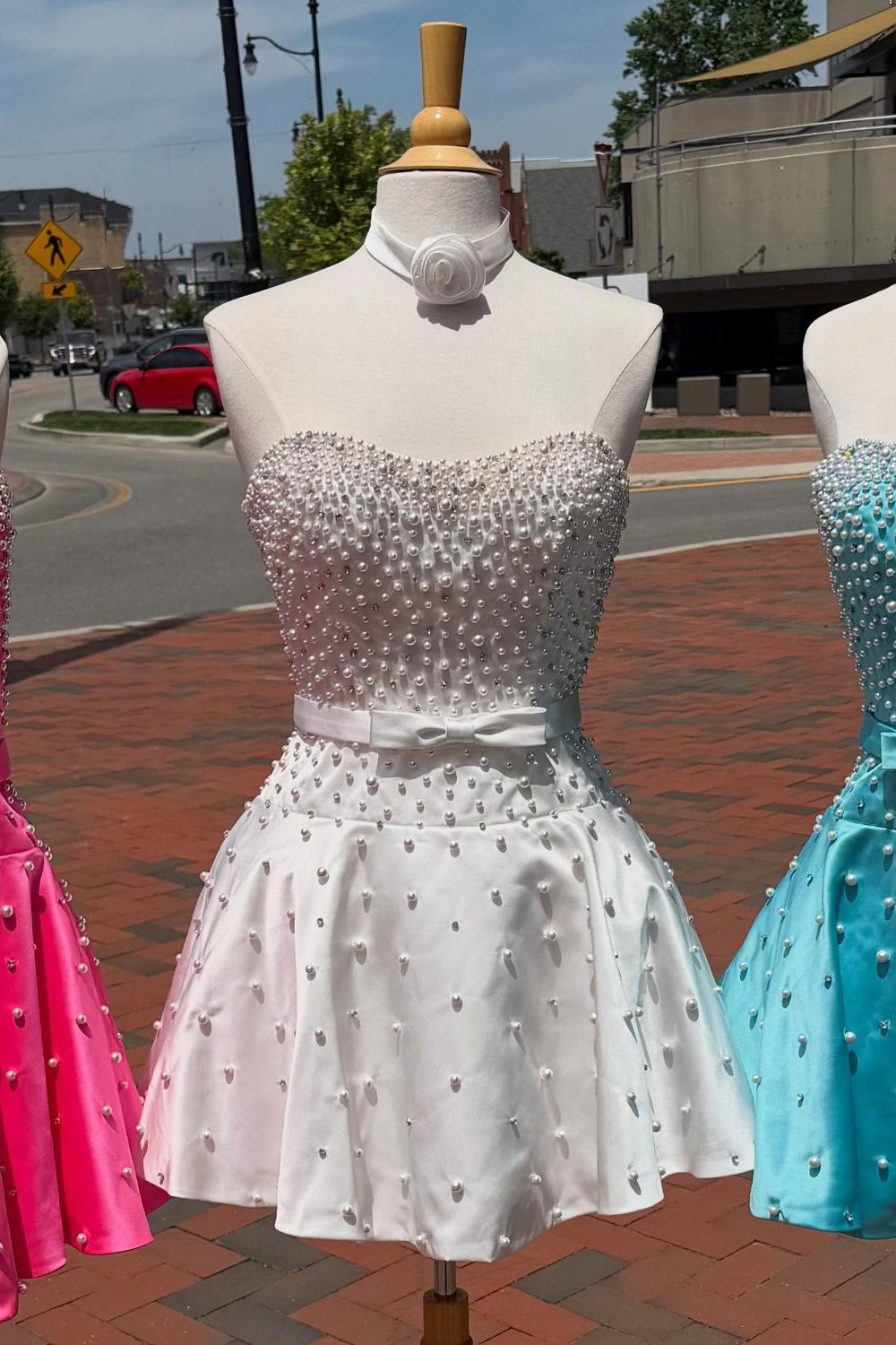 Fuchsia Short A Line Strapless Homecoming Dress with Pearls