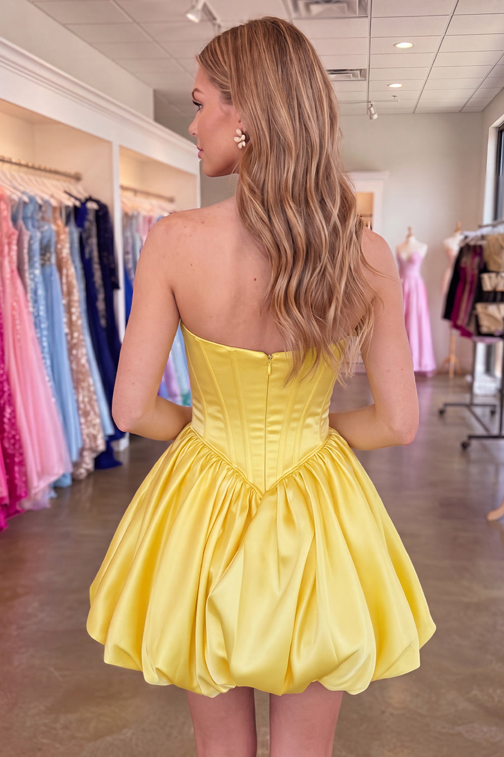 Yellow Corset A Line Strapless Keyhole Short Homecoming Dress with Bow