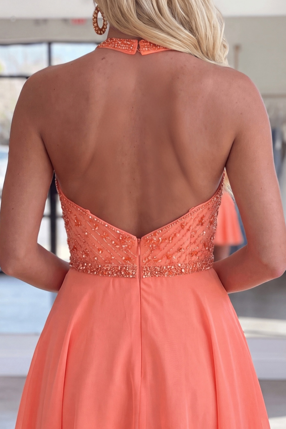 Sparkly Orange V-Neck Beaded A Line Short Homecoming Dress