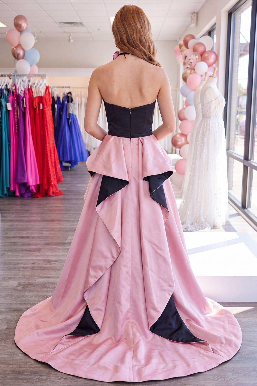 Black and Pink Strapless Ruffled Tight Short Homecoming Dress with Cape