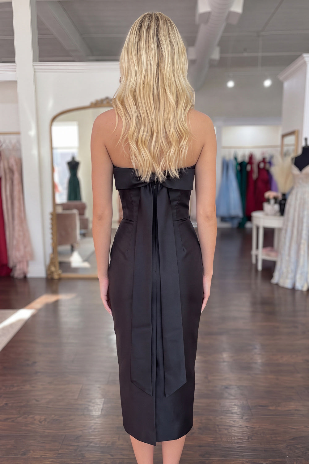 Black Strapless Midi Bodycon Homecoming Dress with Back Bow