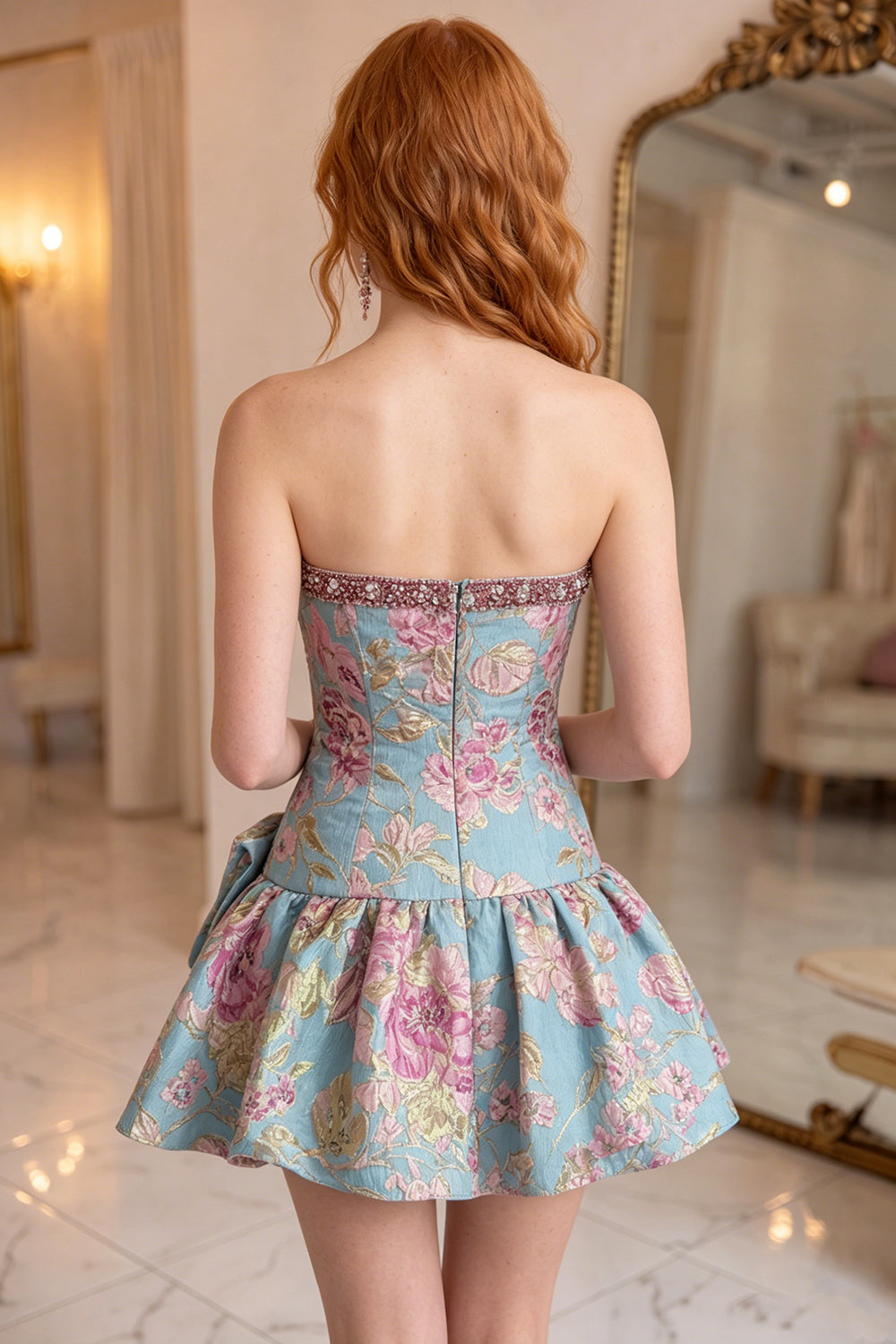 Blue Flower Beaded Strapless A Line Short Homecoming Dress with Bow