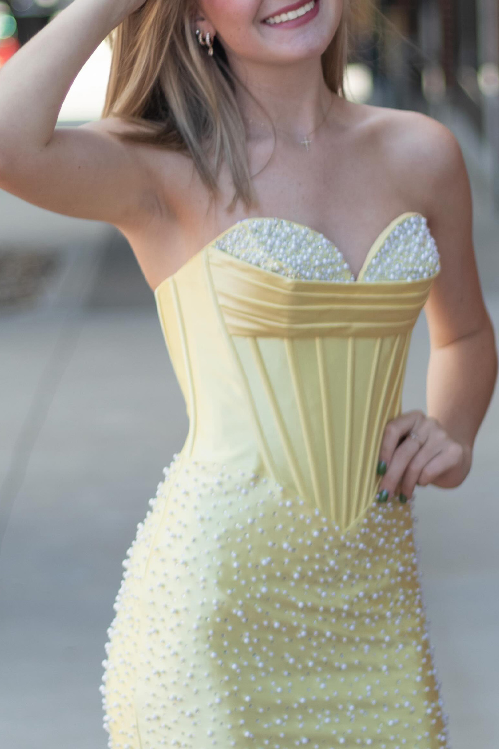 Sparkly Yellow Tight Short Strapless Corset Homecoming Dress with Pearls