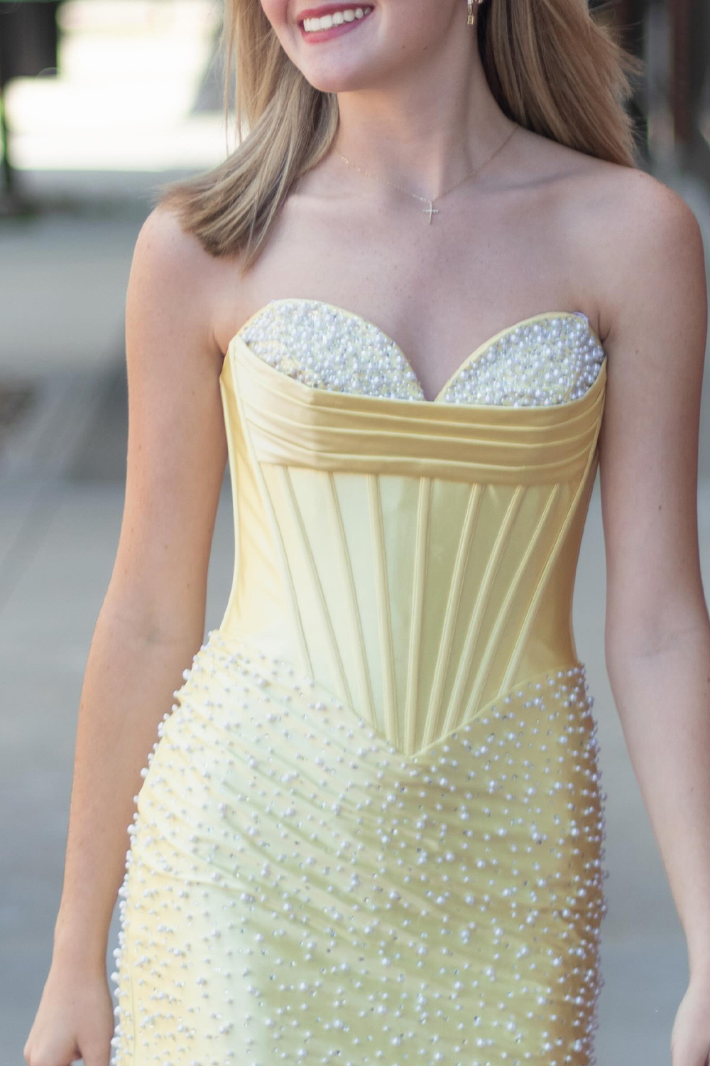 Sparkly Yellow Tight Short Strapless Corset Homecoming Dress with Pearls