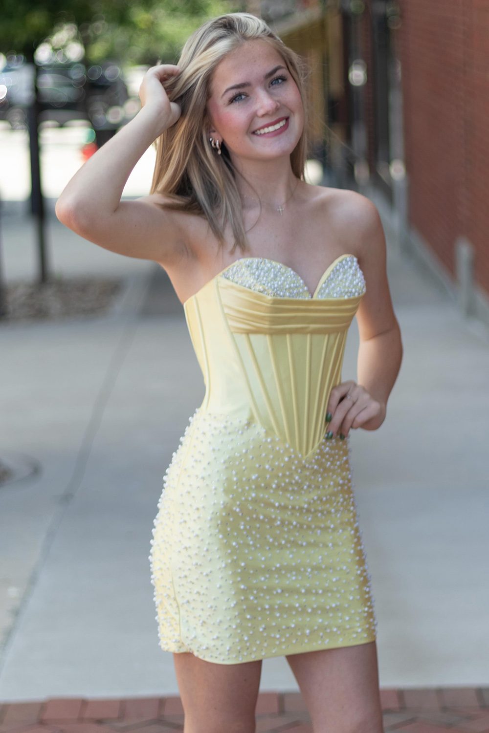 Sparkly Yellow Tight Short Strapless Corset Homecoming Dress with Pearls