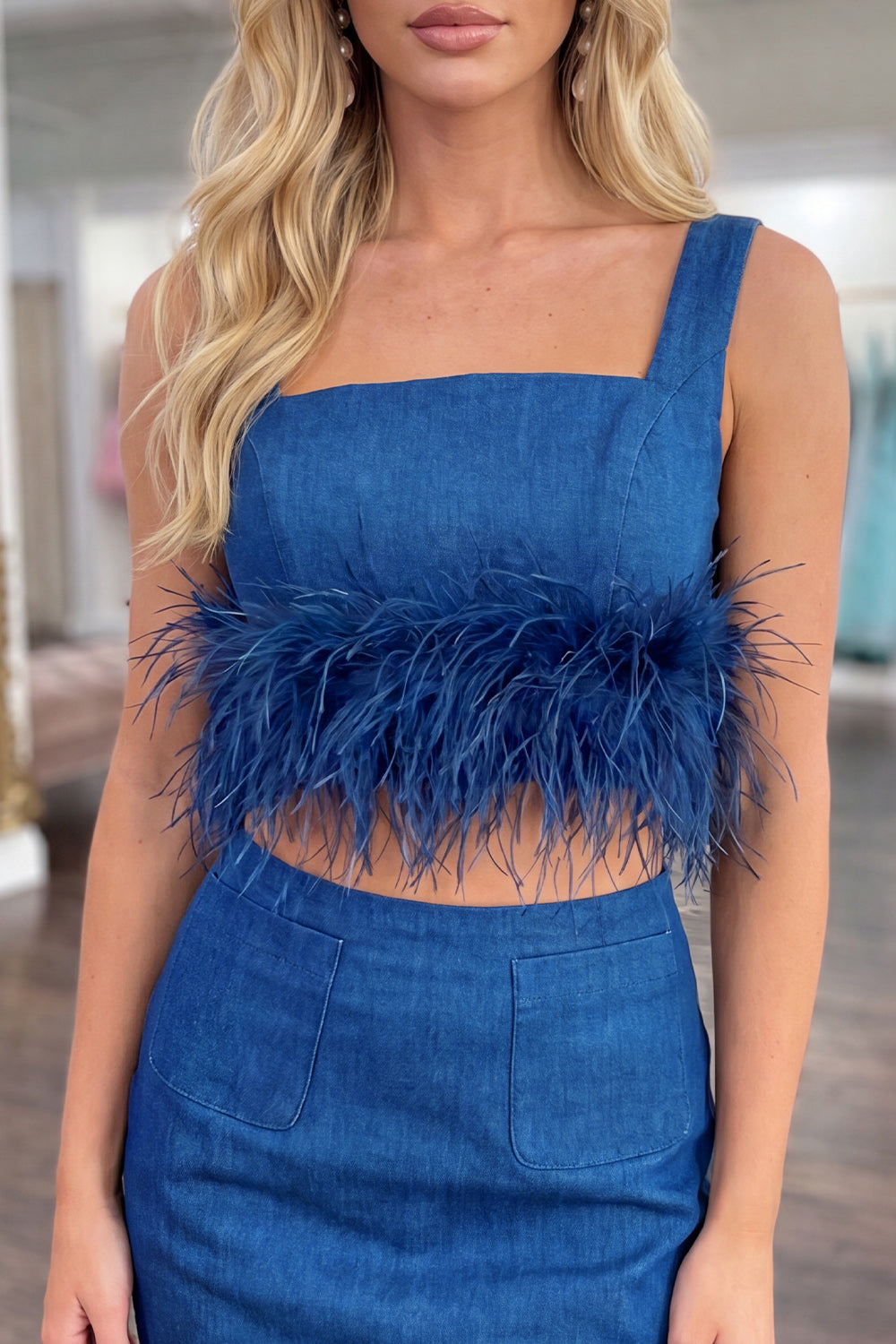 2 Piece Blue Tight Short Homecoming Suits with Feathers