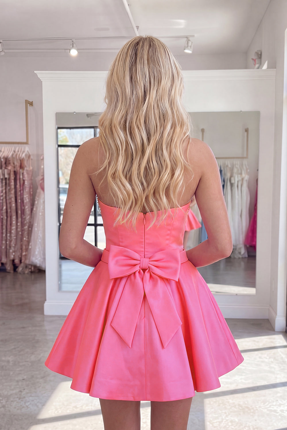 Hot Pink Sparkly Short Beaded Sweetheart Homecoming Dress with Bows