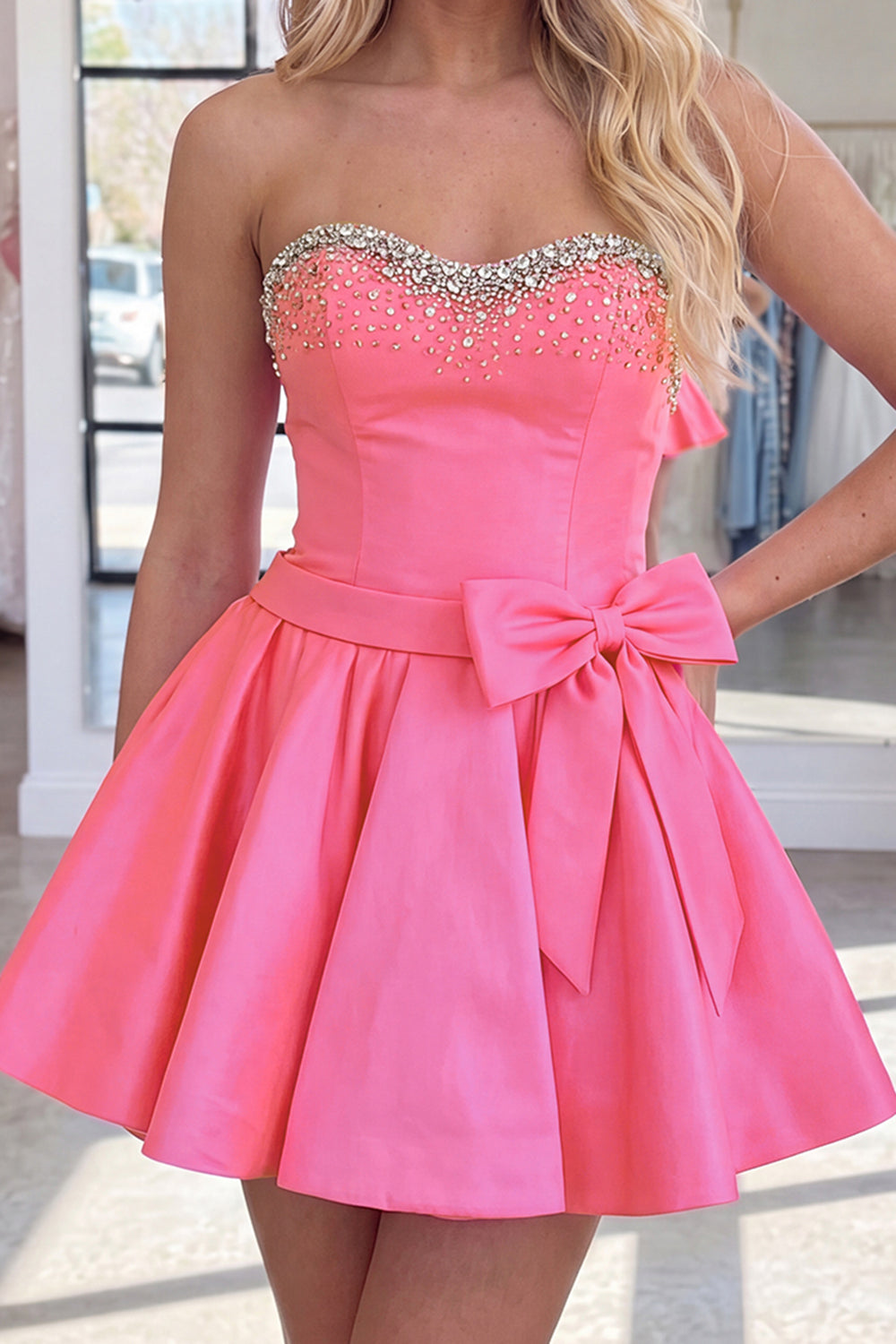 Hot Pink Sparkly Short Beaded Sweetheart Homecoming Dress with Bows