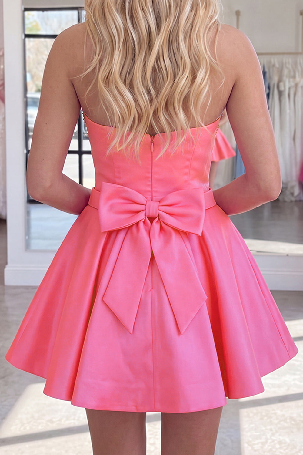 Hot Pink Sparkly Short Beaded Sweetheart Homecoming Dress with Bows