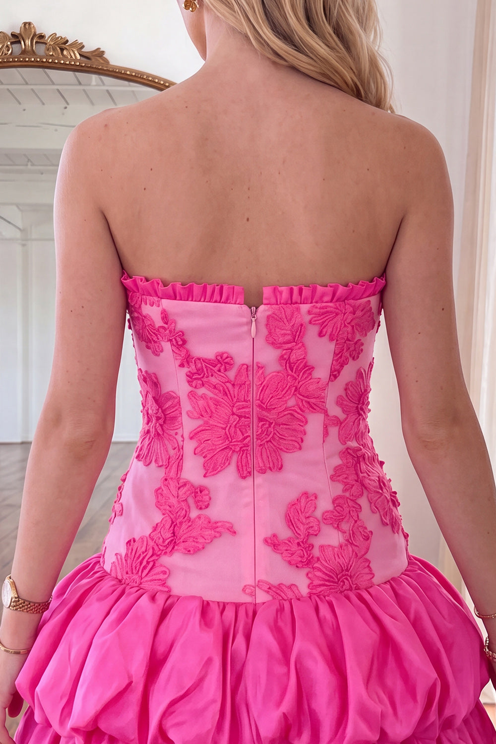 Fuchsia Floral Tiered Strapless Short Homecoming Dress