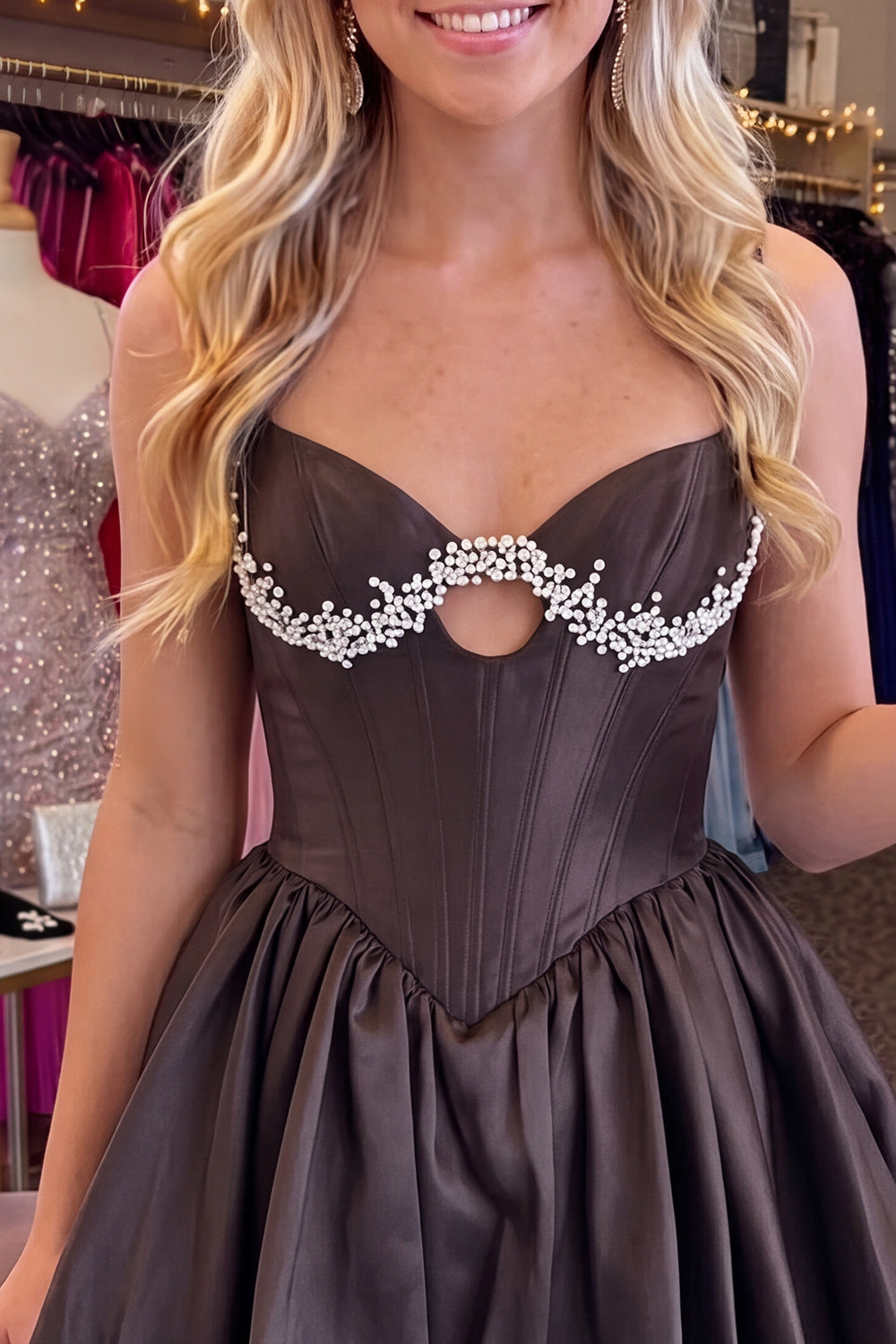 Black Corset Keyhole Beaded A Line Short Homecoming Dress