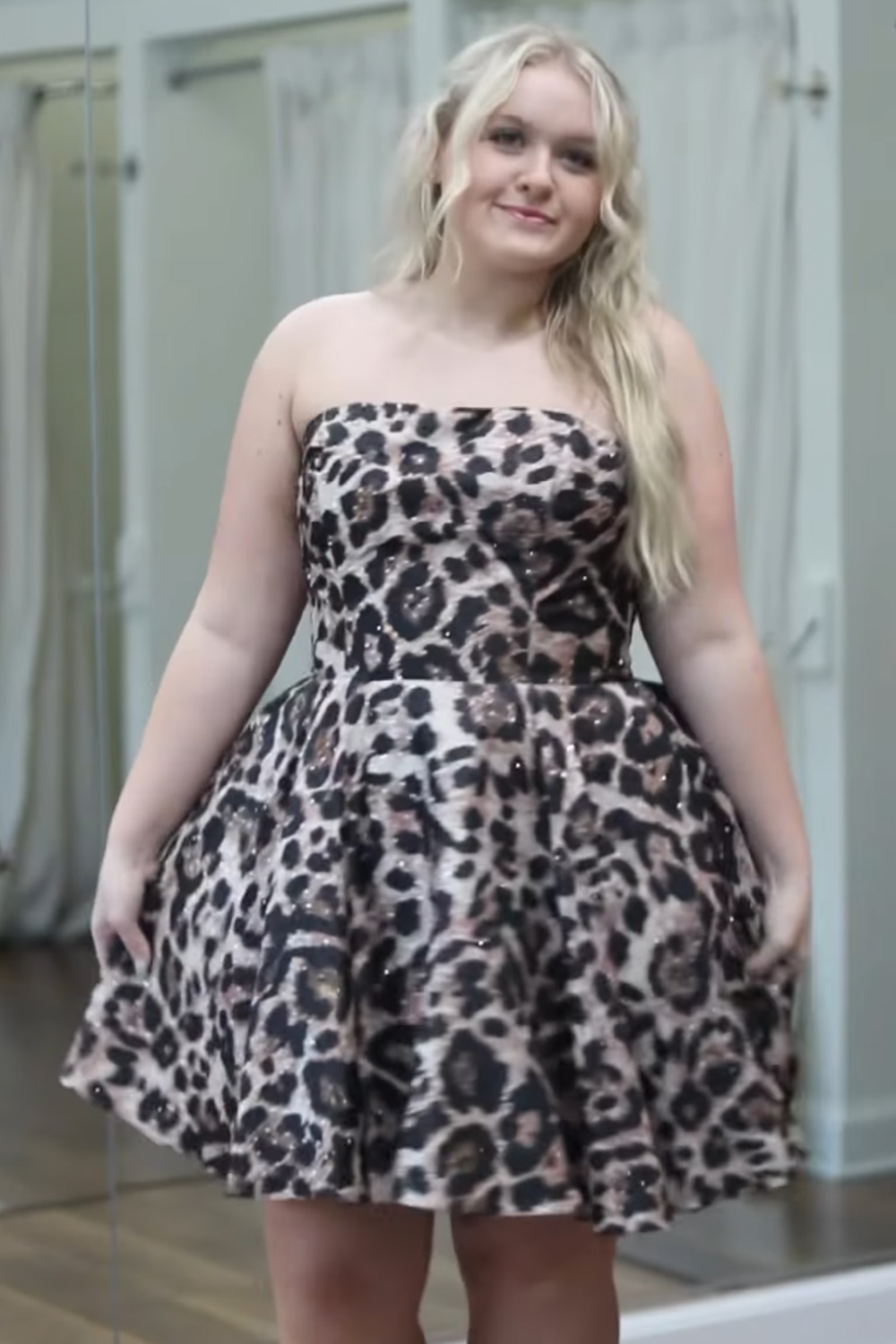 Brown Leopard Print A Line Strapless Ruched Short Homecoming Dress with Bow