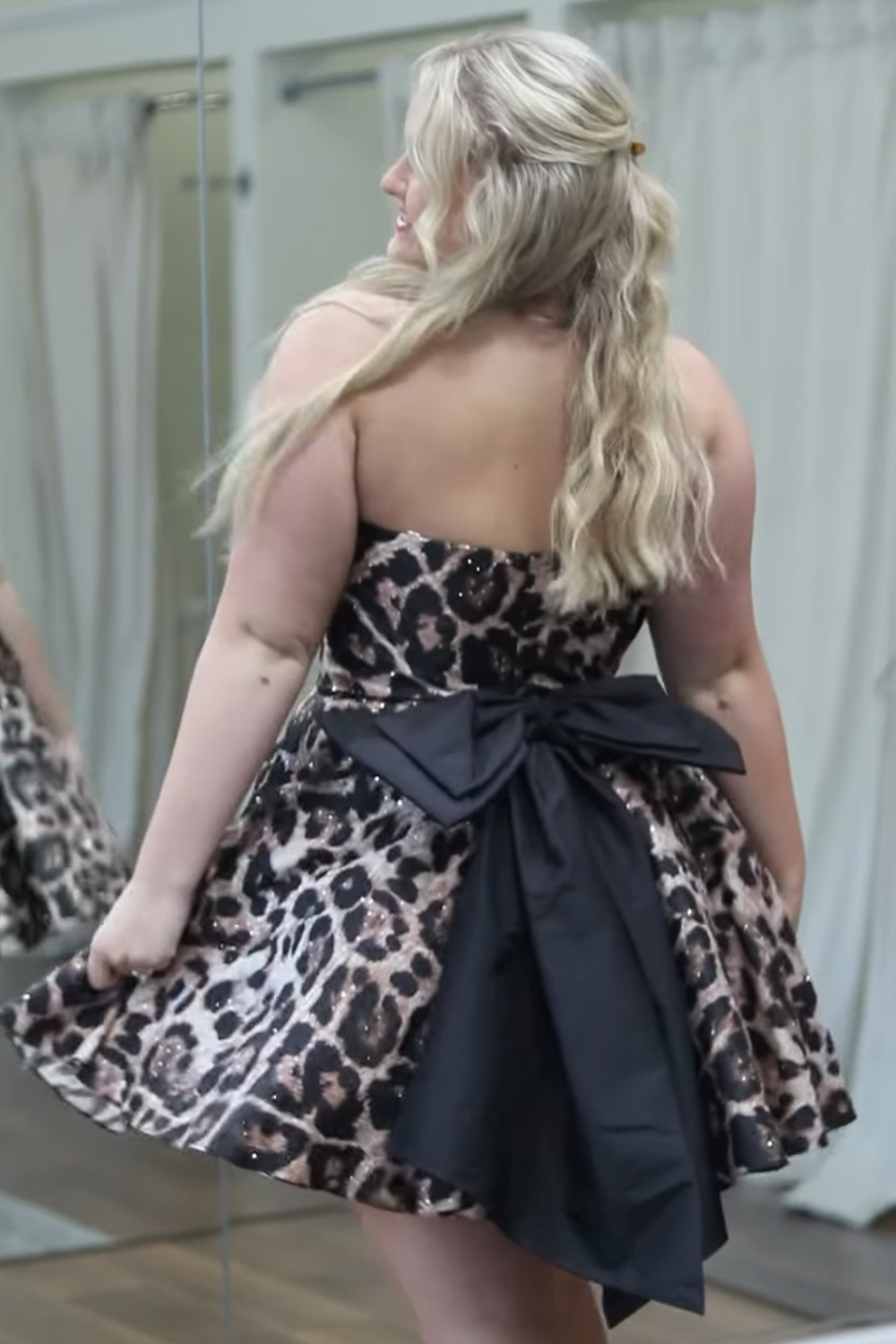 Brown Leopard Print A Line Strapless Ruched Short Homecoming Dress with Bow