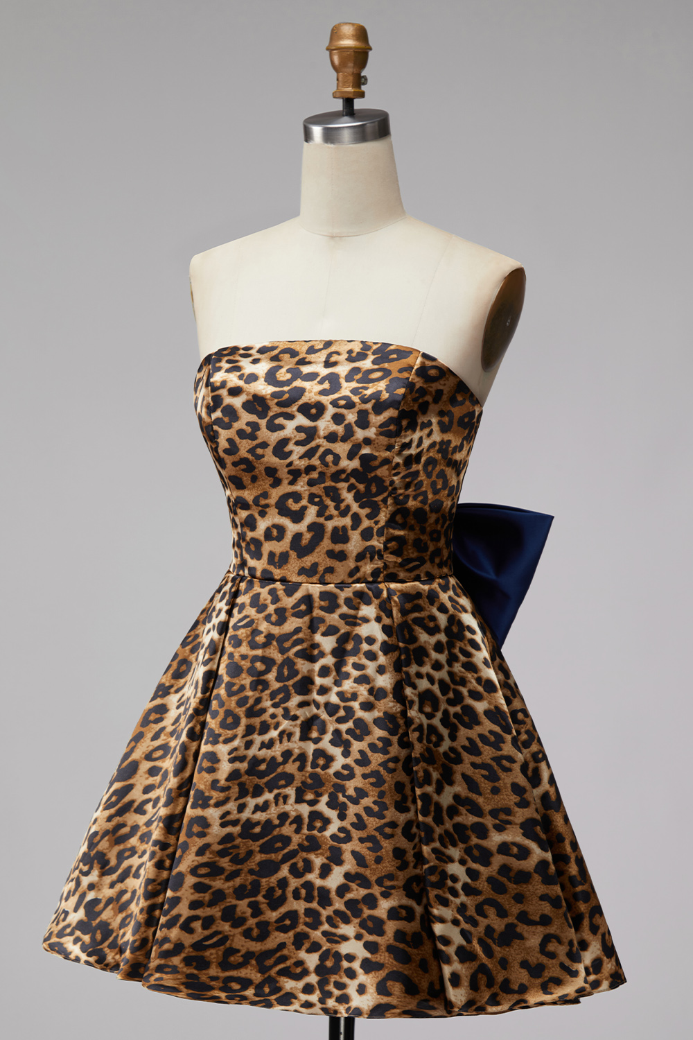 Brown Leopard Print A Line Strapless Ruched Short Homecoming Dress with Bow